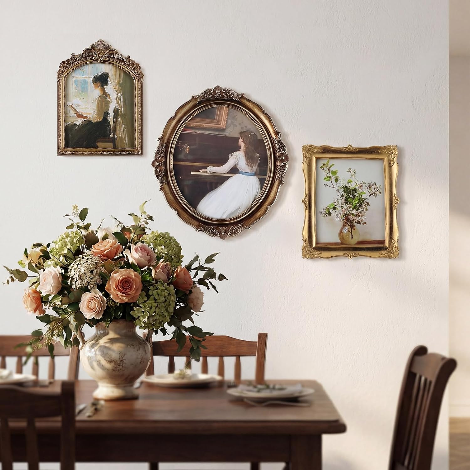 Wonderjune 3 Pcs Large Vintage Picture Frames 10" 12" Antique Picture Frame,Clear Glass Rustic Frames Retro Home Decor Wall Mount for Gallery Art Oval Square, Bronze Gold (Vintage)