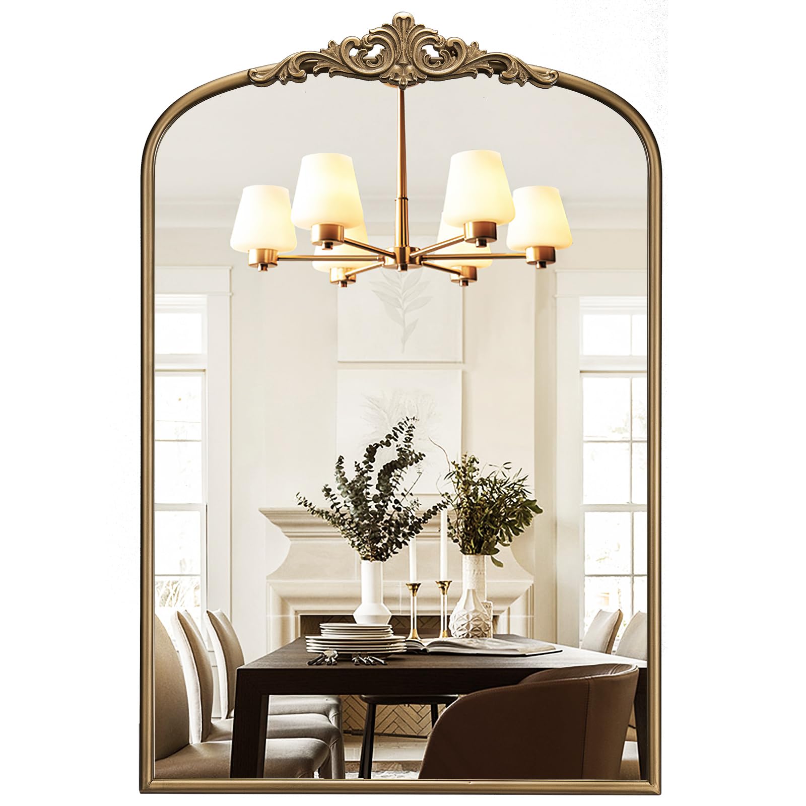 Vintage Baroque Arched Wall Mirror, 30"x40" Antique Gold Bathroom Wall Mirrors, Large Ornate Arch Bronze Mirror for Over Sink, Fireplace, Entryway, Living Room, Hanging or Leaning
