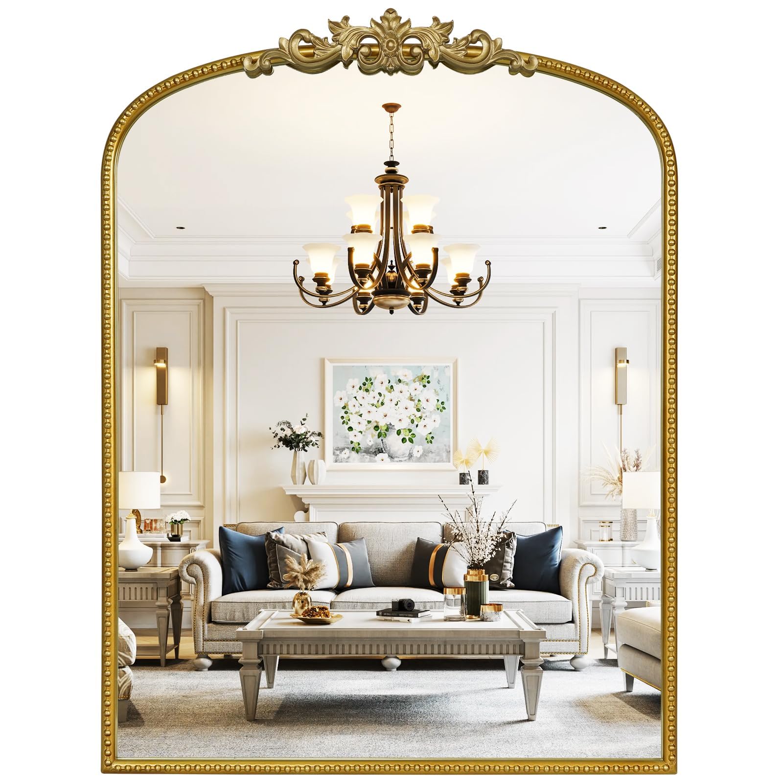 WallBeyond Gold Vintage Mirror for Vanity 22x30 Inch, Gold Antique Mirror with Ornate Frame, Arched Vintage Wall for Bathroom, Living Room, Fireplace, Entryway