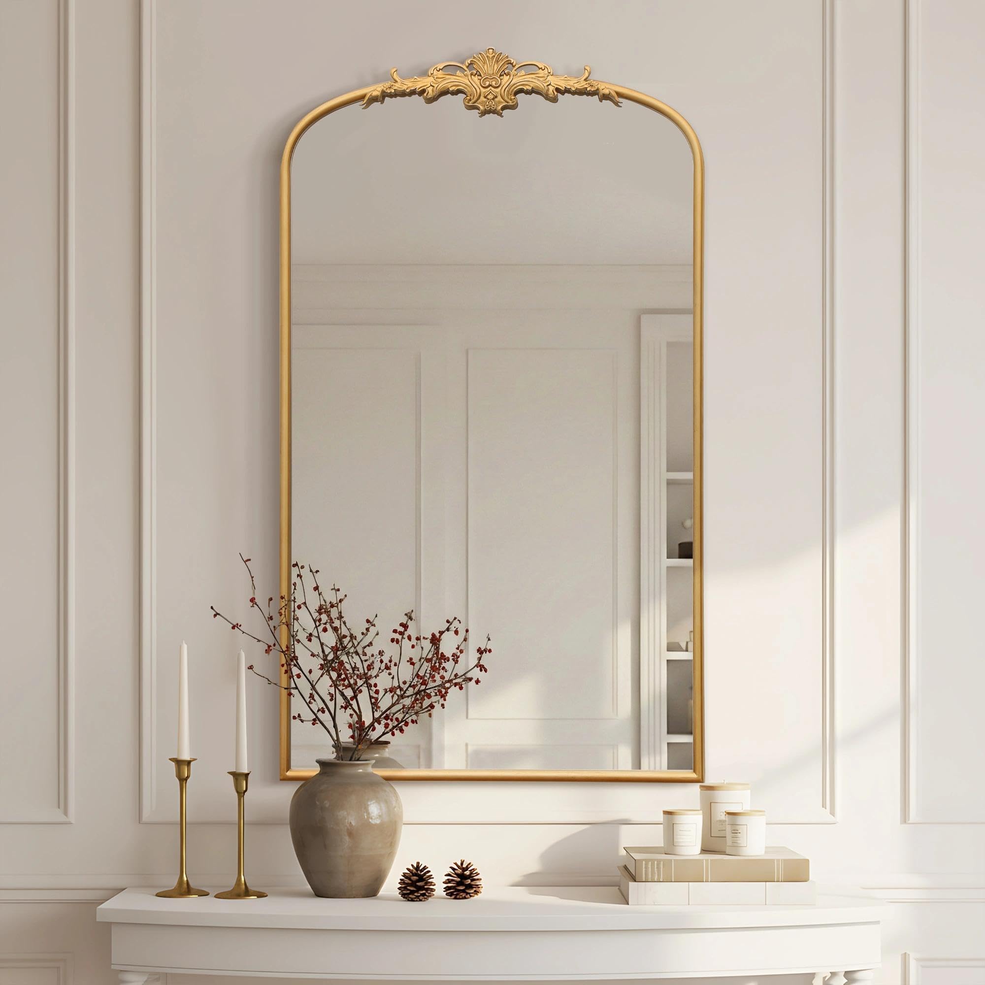 Besdomus Vintage Arched Gold Mirror: 40"x29" French Large Brass Antique Wall Vanity Mirror - Decorative Baroque Traditional Ornate for Entryway/Fireplace/Bathroom/Bedroom - Ideal for Home Renovations