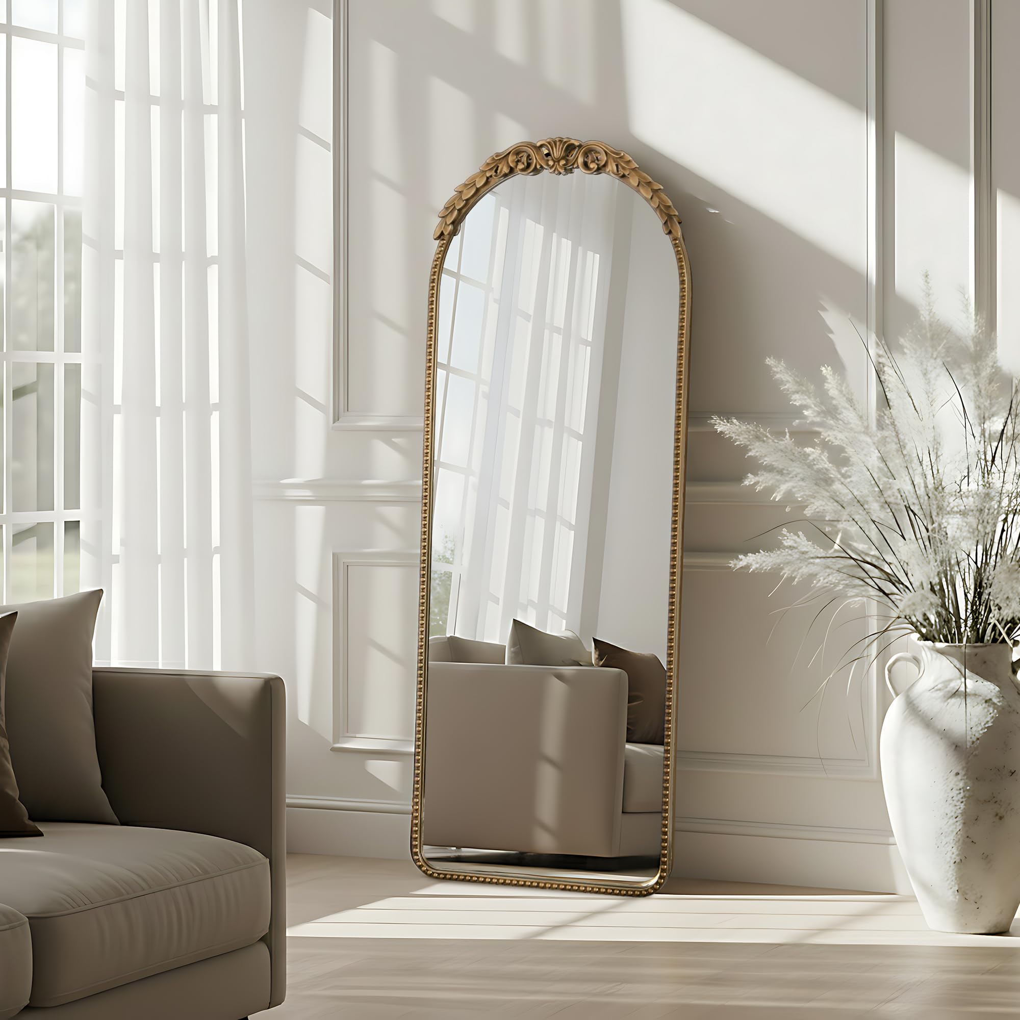 Besdomus Gold Large Arched Mirror: 40"x29" French Baroque Vintage Mirror - Traditional Ornate Antique for Mantel/Bedroom/Entryway/Bathroom/Hallway - Home Decor for Fashion-Conscious