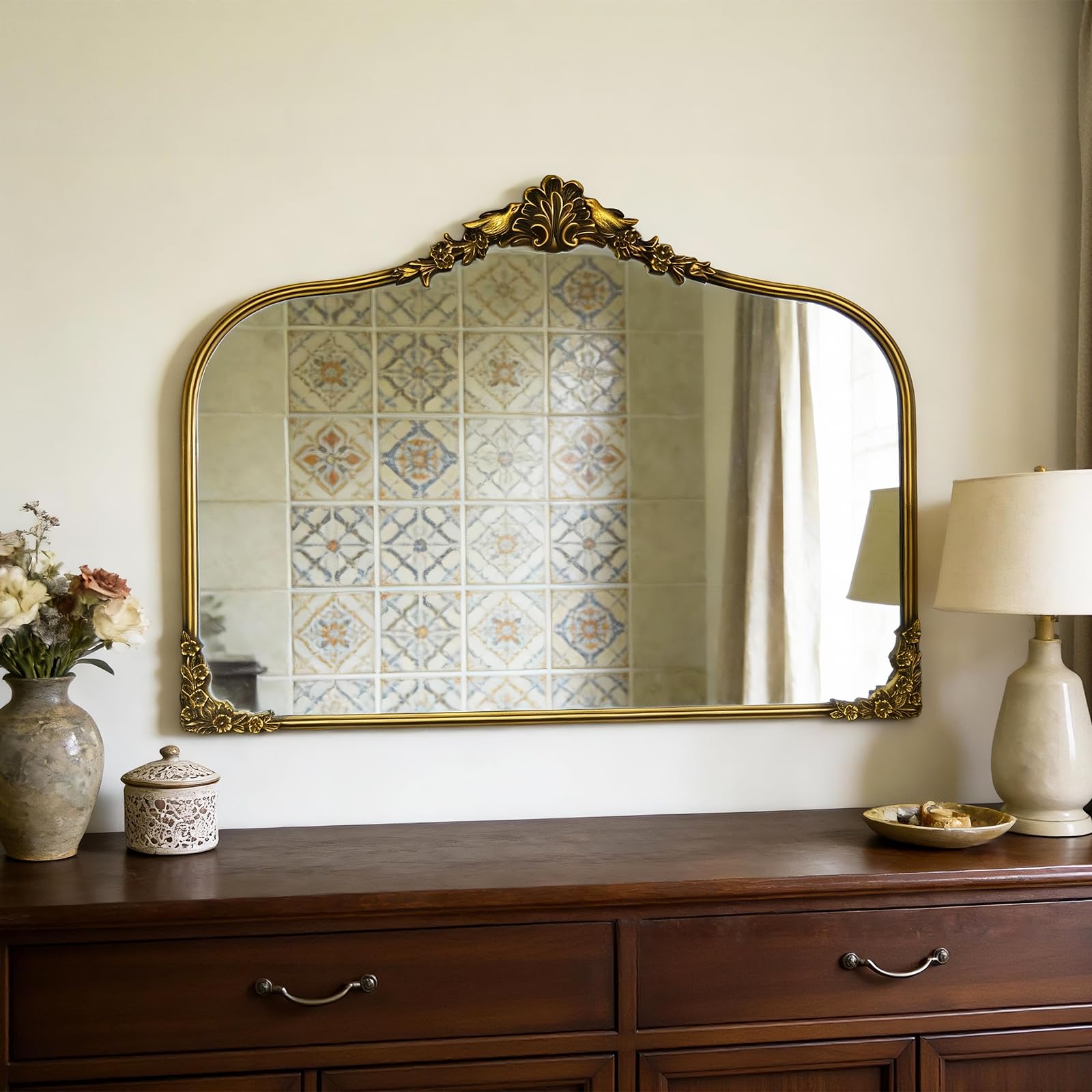 Antique Baroque Vintage Vanity Mirror 30x20Inch, Gold with Ornate Antique Frame, Arched Vintage Wall Mirror for Living Room, Fireplace, Entryway
