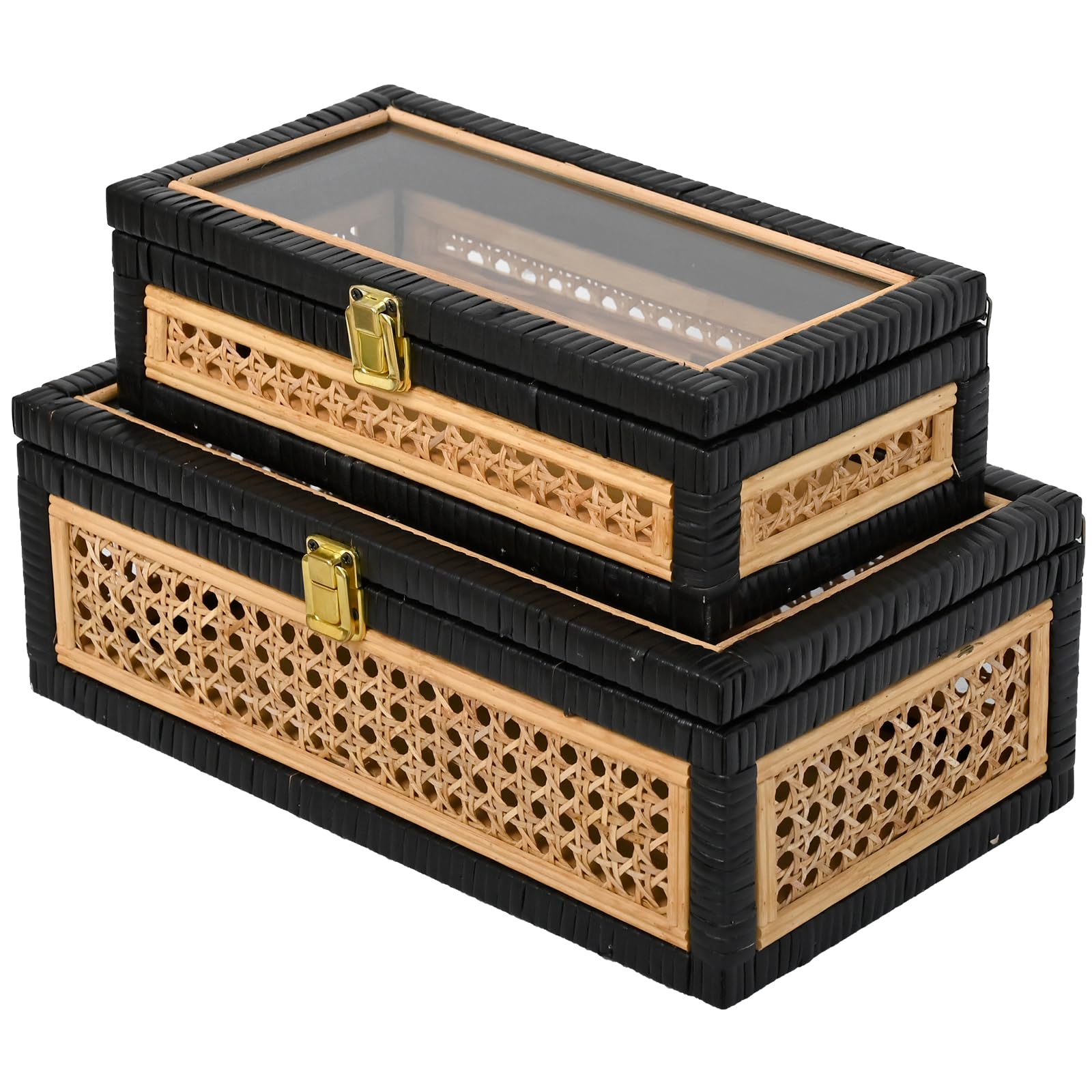 DECOR4SEASON Rattan and Cane Stacking Boxes with Glass Top Lid - Set of 2 for Boho, and Rustic Farmhouse Decor