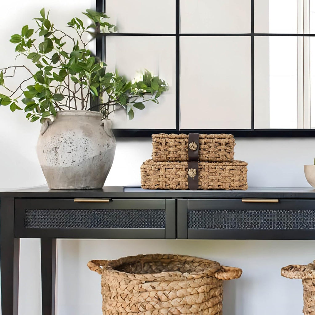 Wicker Storage Basket with Lid, 2-Piece Set Decorative Box with Lid, Water Hyacinth Woven Decorative Box for Shelf, Coffee Table, Console Table, Home Decor