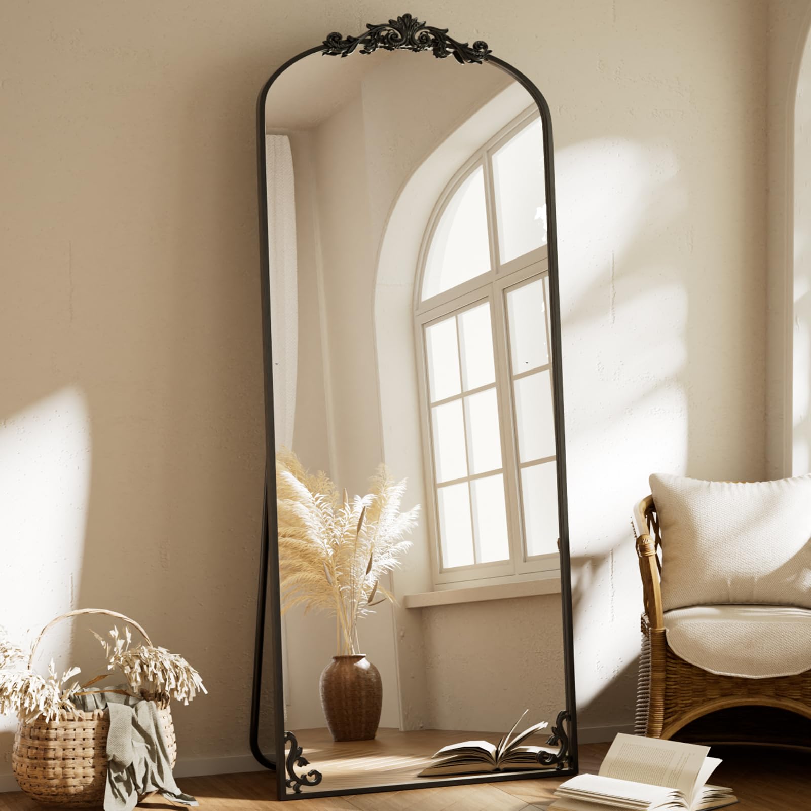 BEAUTYPEAK 56"x21" Arch Mirror Full Length, Traditional Vintage Ornate Baroque Mirror with Bottom Corner Pattern, Hanging or Leaning for Entryway/Bathroom/Fireplace/Bathroom, Black