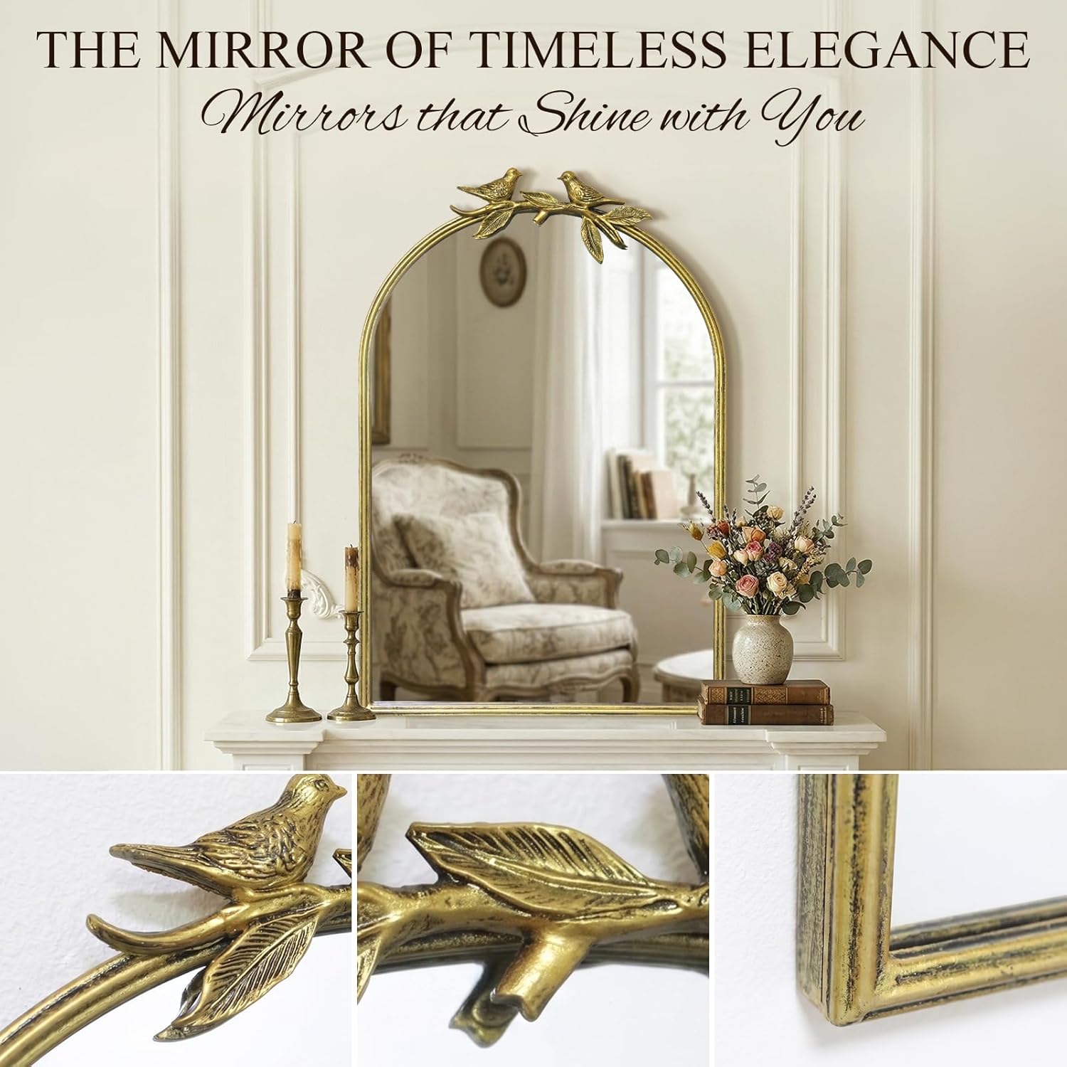 Antique Baroque Vintage Vanity Mirror 30x20Inch, Gold with Ornate Antique Frame, Arched Vintage Wall Mirror for Living Room, Fireplace, Entryway