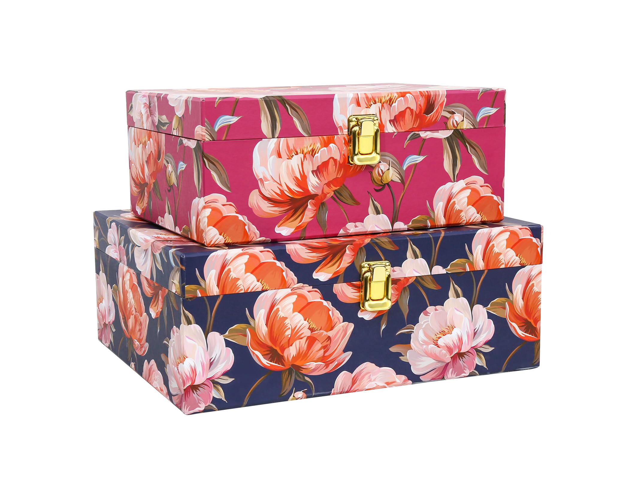 2-Piece Decorative Storage Boxes with Lids, Illustrated Botanical Floral Design in Soft Vintage Tones, Keepsake Boxes with Decorative Metal Closure, Memory Storage Boxes for Home Décor