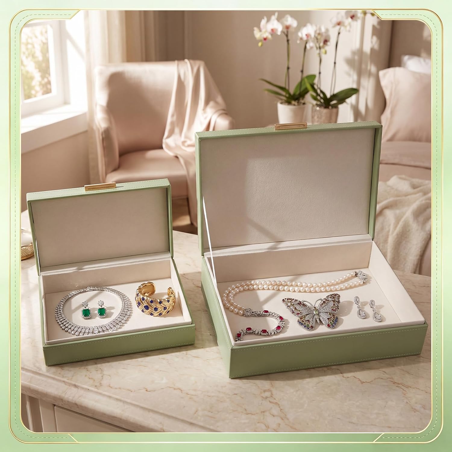 Pinkunn Faux Leather Decorative Boxes with Lids Set of 2 Beautiful PU Leather Organizer Bins for Your Bookshelf Home Large Nesting Storage Decorative Boxes for Modern Stacking Jewelry Box(Sage Green)