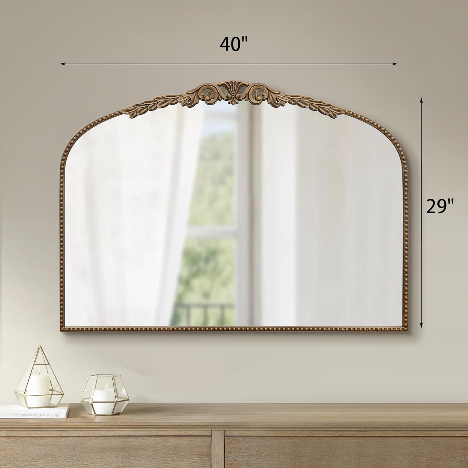 Besdomus Gold Large Arched Mirror: 40"x29" French Baroque Vintage Mirror - Traditional Ornate Antique for Mantel/Bedroom/Entryway/Bathroom/Hallway - Home Decor for Fashion-Conscious