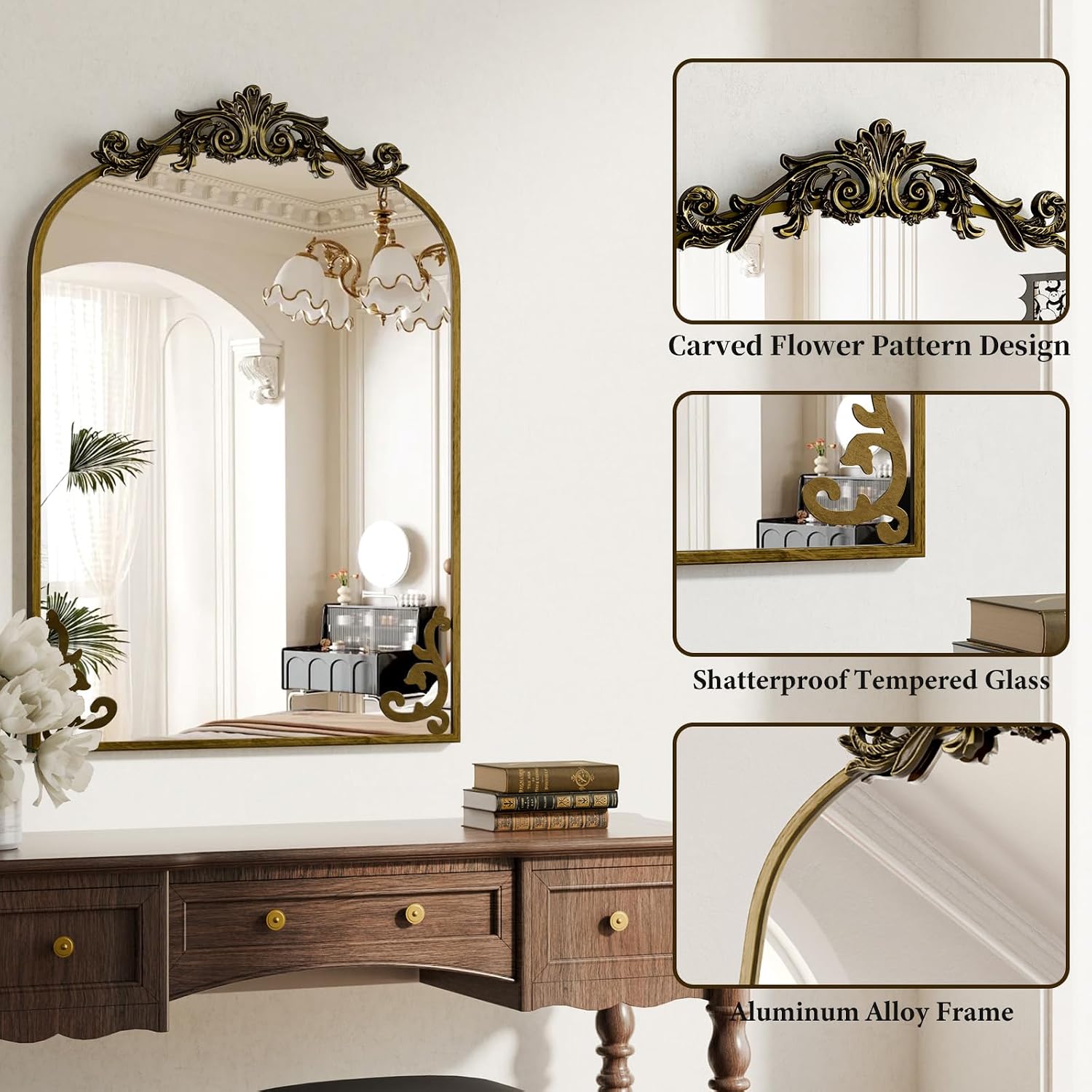 Koonmi Vintage Mirror, 22x30 Antique Barolon Mirror for Wall, Bronze Frame with Ornate Patterns, Flower Head, Shatter-Proof Tempered Glass Arched Decorative Mirrors for Bathroom