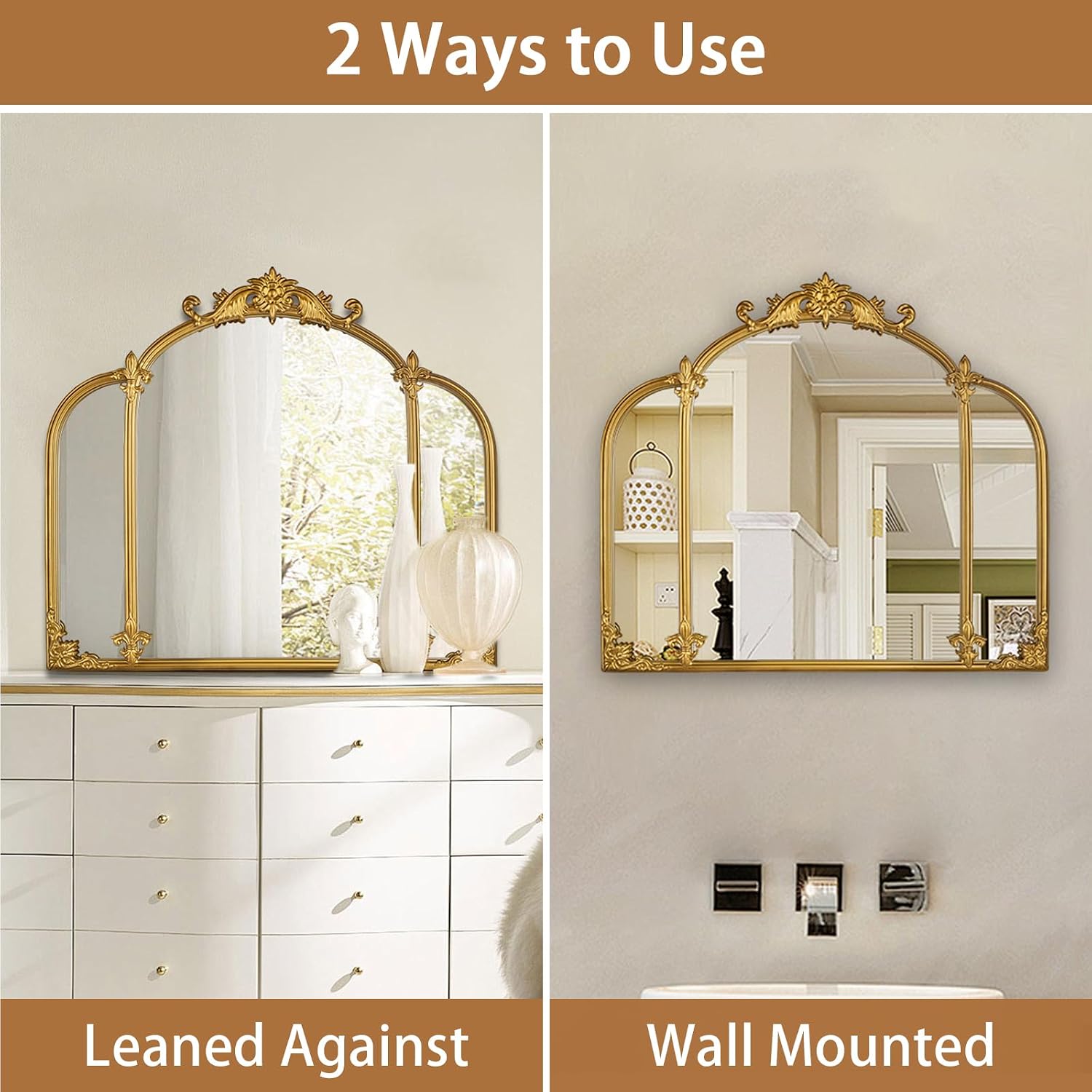 24"x22" Gold Arch Wall Mirror, Vintage Ornate Baroque Mirror with Metal Frame, Decorative Vanity Mirror for Dresser, Bedroom, Bathroom, Fireplace, Entryway, Hallway