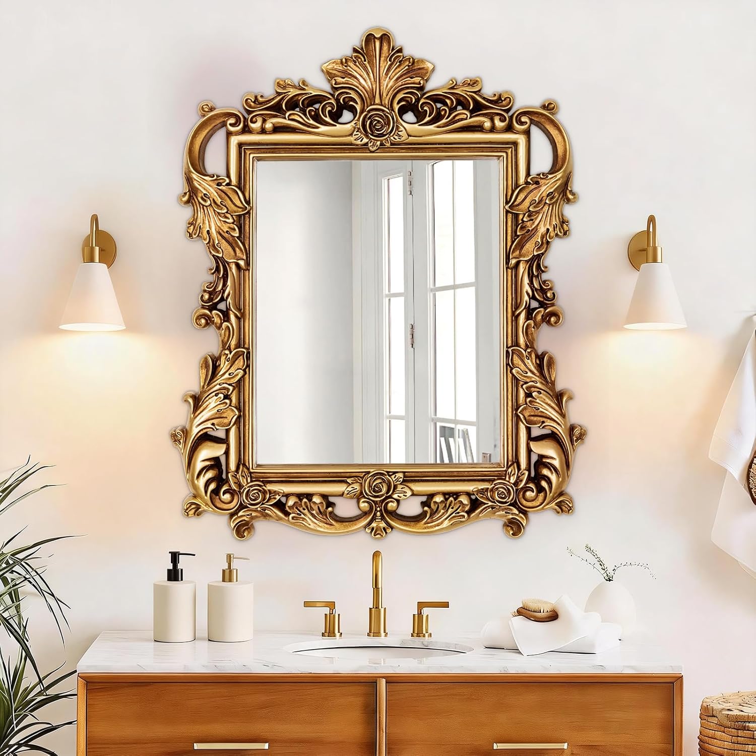 Gold Baroque Mirror - 26.3'' x 32.6'' Ornate Lightweight PU Frame, Vintage Decor Mirror for Living Room Fireplace Dining Room Entryway, Antique Mirrors with HD Reflection to Brighten & Expand Space