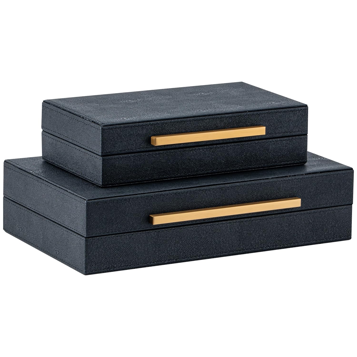 Set of 2 Black Shagreen Storage Boxes with Gold Metal Handles – Faux Leather Jewelry Organizer, Nesting Decorative Box for Photos, Memory Keepsake, Home & Office Decor