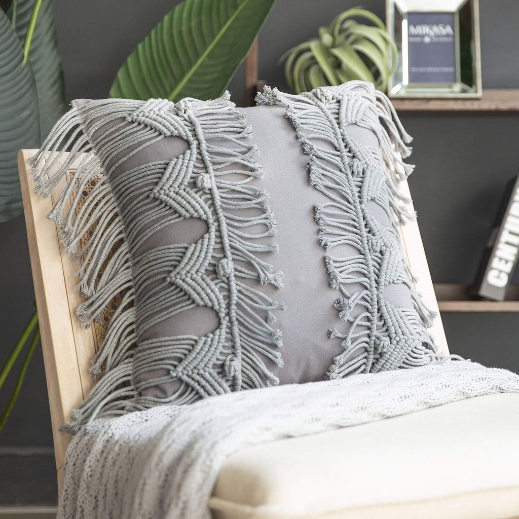 Phantoscope 100% Cotton Handmade Symmetry 3D Crochet Woven Boho Throw Pillow Farmhouse Pillow Insert Included Decorative Cushion for Couch Sofa Grey 18 x 18 inches 45 x 45 cm