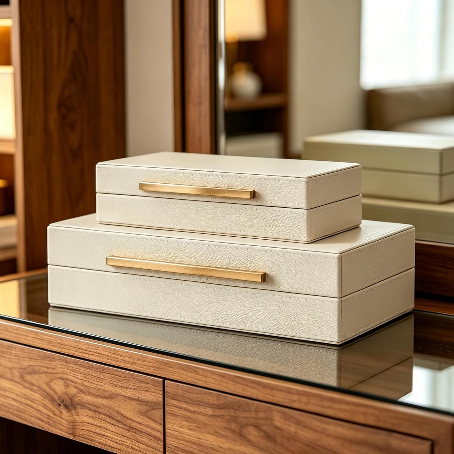 Set of 2 Shagreen Decorative Box, Modern Faux Leather Beige Decorative Storage Boxes with Lids and Metal Handles, Jewelry & Memory Box for Home, Office Decor (Beige+Gold Handles)