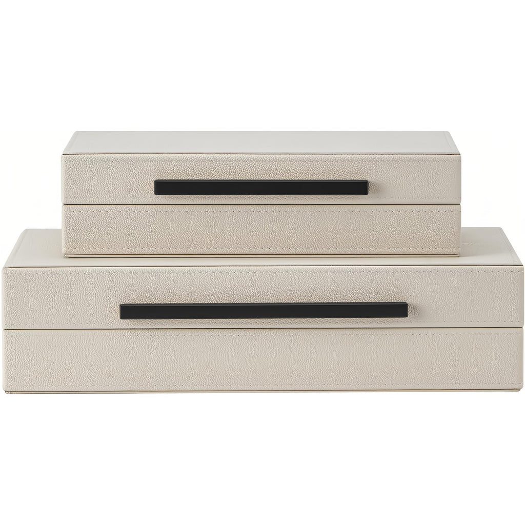 Set of 2 Shagreen Decorative Box, Modern Faux Leather Beige Decorative Storage Boxes with Lids and Metal Handles, Jewelry & Memory Box for Home, Office Decor (Beige+Gold Handles)