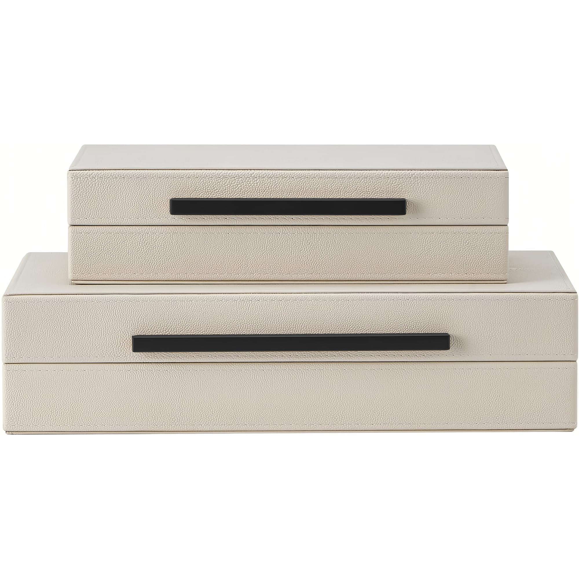 Set of 2 Shagreen Decorative Box, Modern Faux Leather Beige Decorative Storage Boxes with Lids and Metal Handles, Jewelry & Memory Box for Home, Office Decor (Beige+Gold Handles)