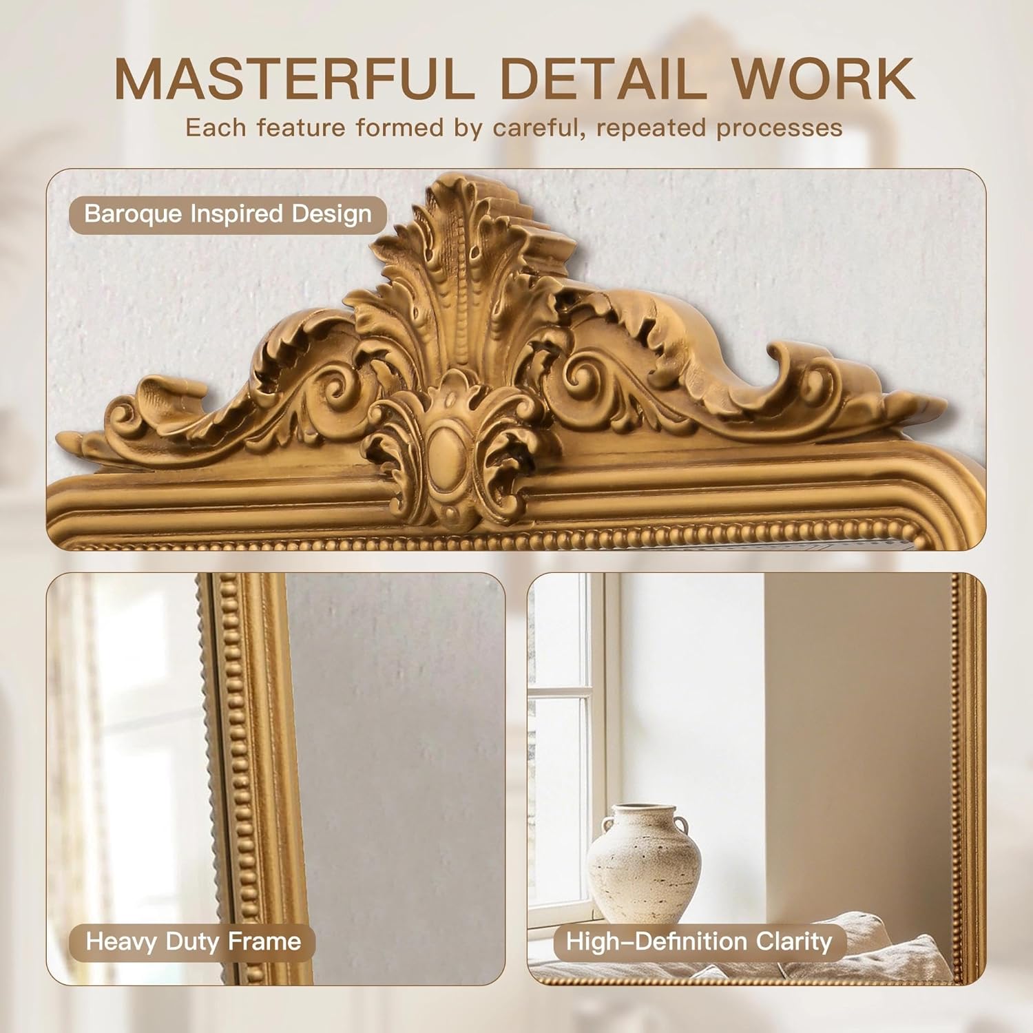 24×36 Inch Antique Gold Baroque Wall Mirror, Ornate Resin Frame Decor Mirror for Entryway Fireplace