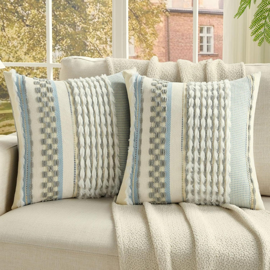 FUTEI Pack of 2 Boho Chenille Decorative Throw Pillow Covers 18x18 Inch Soft Plush Tufted Striped Textured Cushion Case,Farmhouse Accent for Couch Bed Living Room, Grey