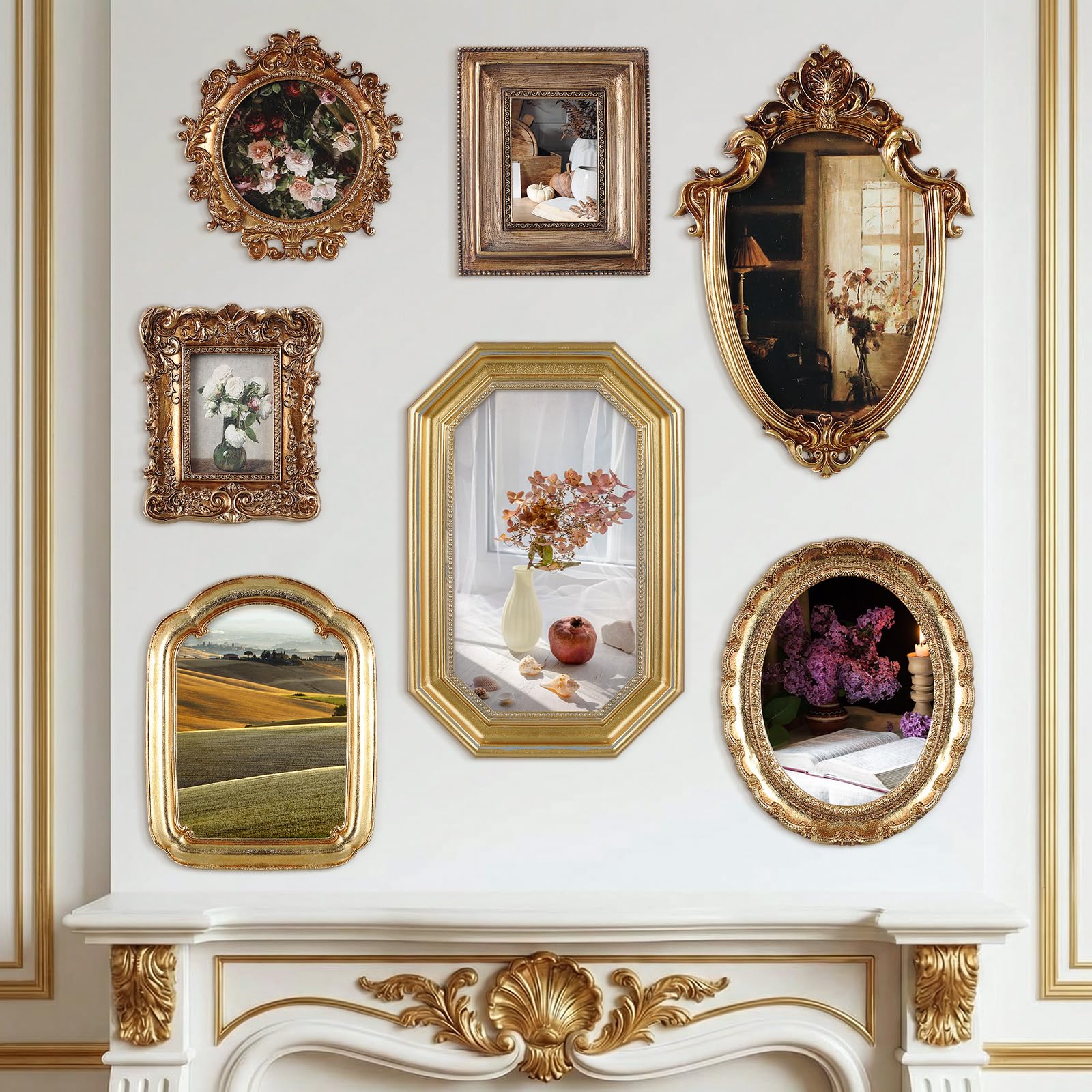 Wonderjune 7 Pcs Vintage Picture Frames Set with Glass Front Antique Gold Gallery Wall Frame for 4x6, 5x7 Baroque for Home Decor Photography Props Gifts, Wall or Tabletop(Rococo)