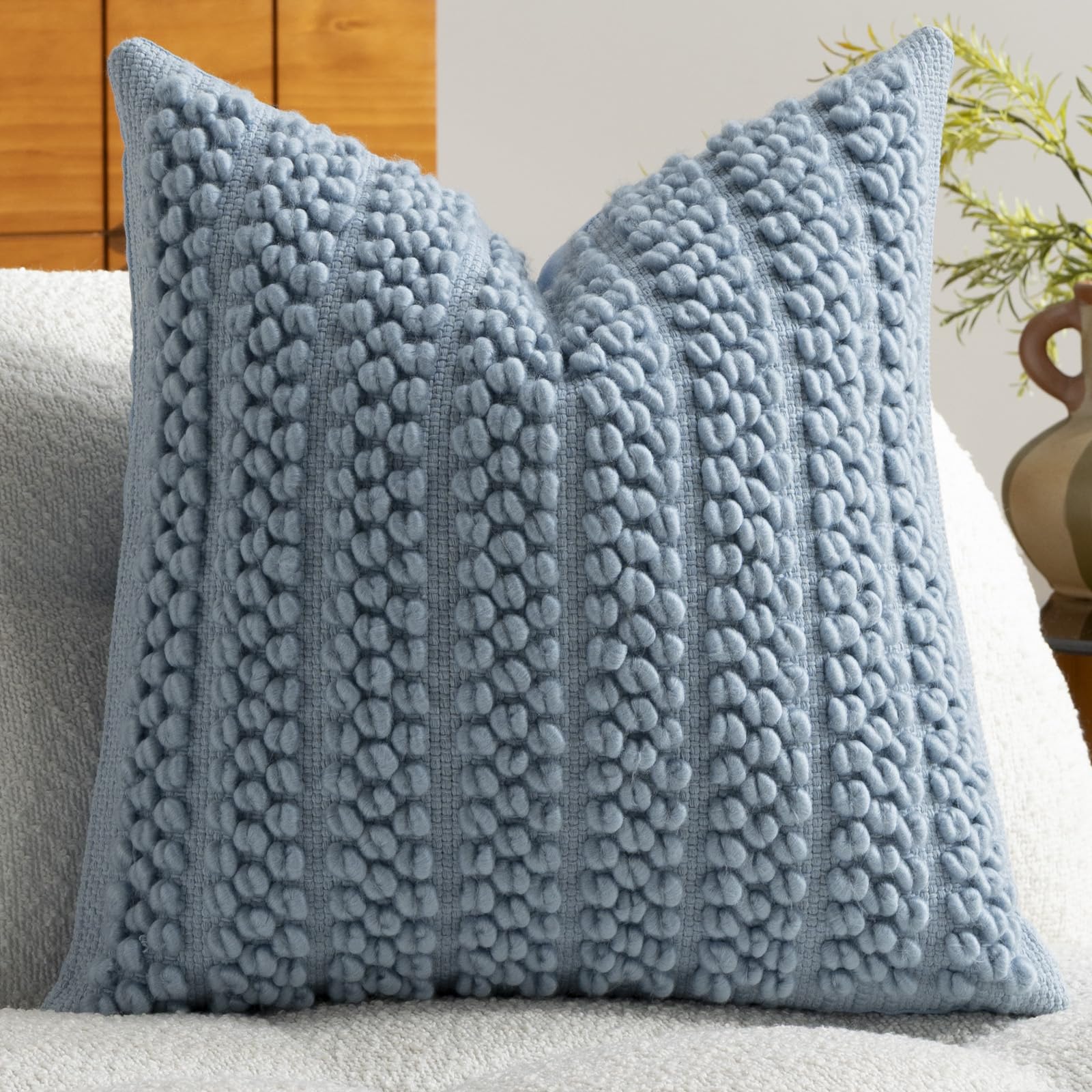 DEZENE Wool Boucle Throw Pillow Cover Premium Chic Accents Square Textured Decorative Pillow Case for Living Room Couch Sofa Home Decor 18"x18" Beige