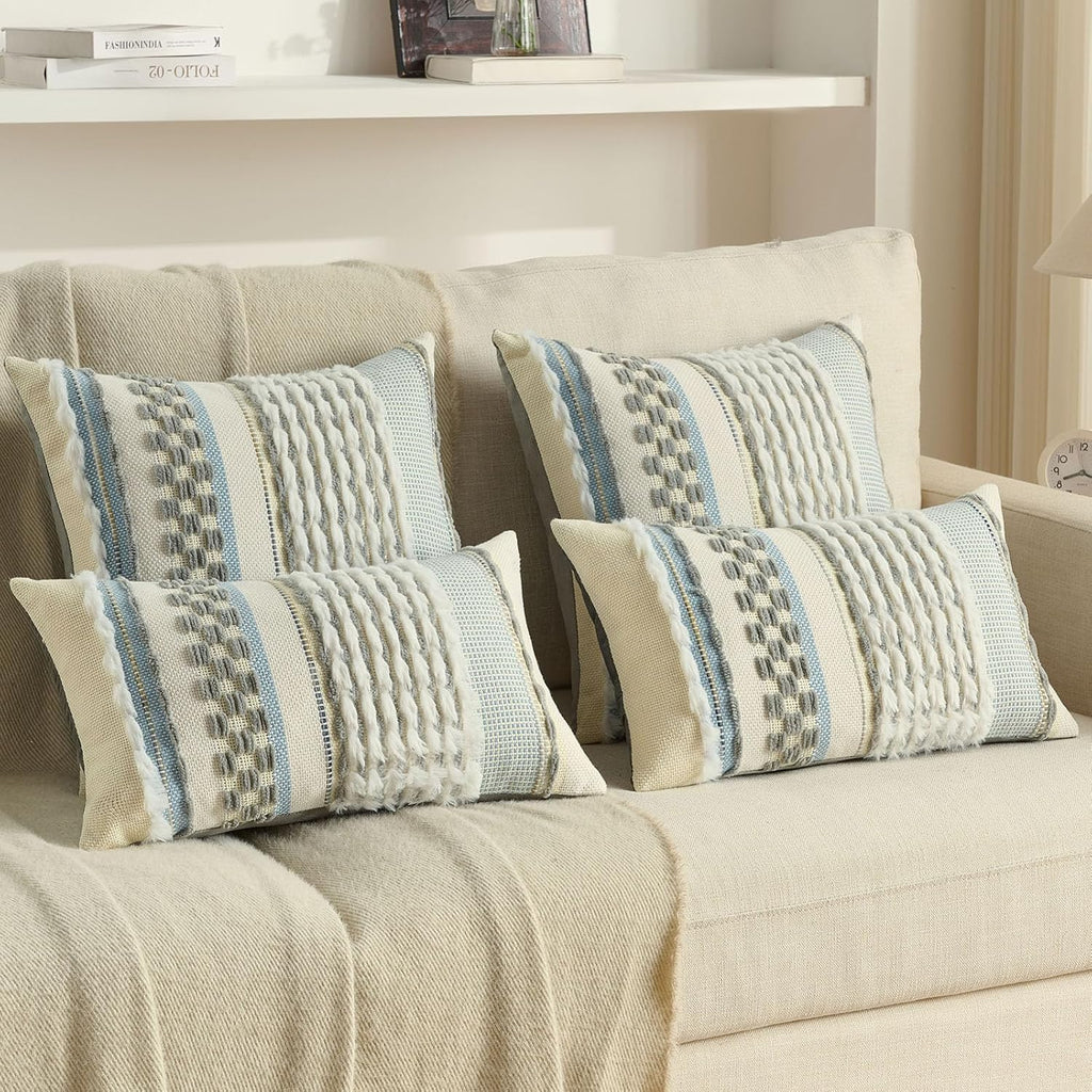 FUTEI Pack of 2 Boho Chenille Decorative Throw Pillow Covers 18x18 Inch Soft Plush Tufted Striped Textured Cushion Case,Farmhouse Accent for Couch Bed Living Room, Grey