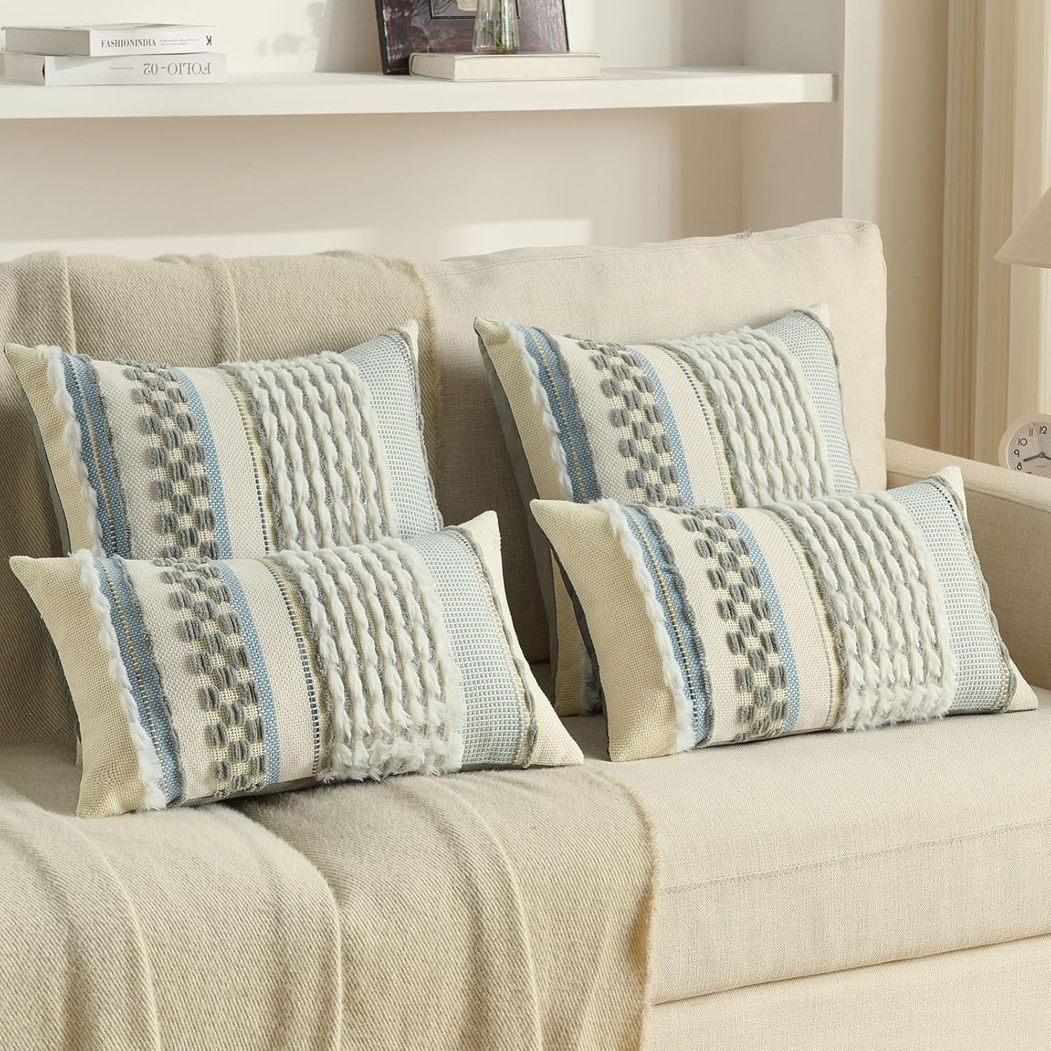 FUTEI Pack of 2 Boho Chenille Decorative Throw Pillow Covers 18x18 Inch Soft Plush Tufted Striped Textured Cushion Case,Farmhouse Accent for Couch Bed Living Room, Grey
