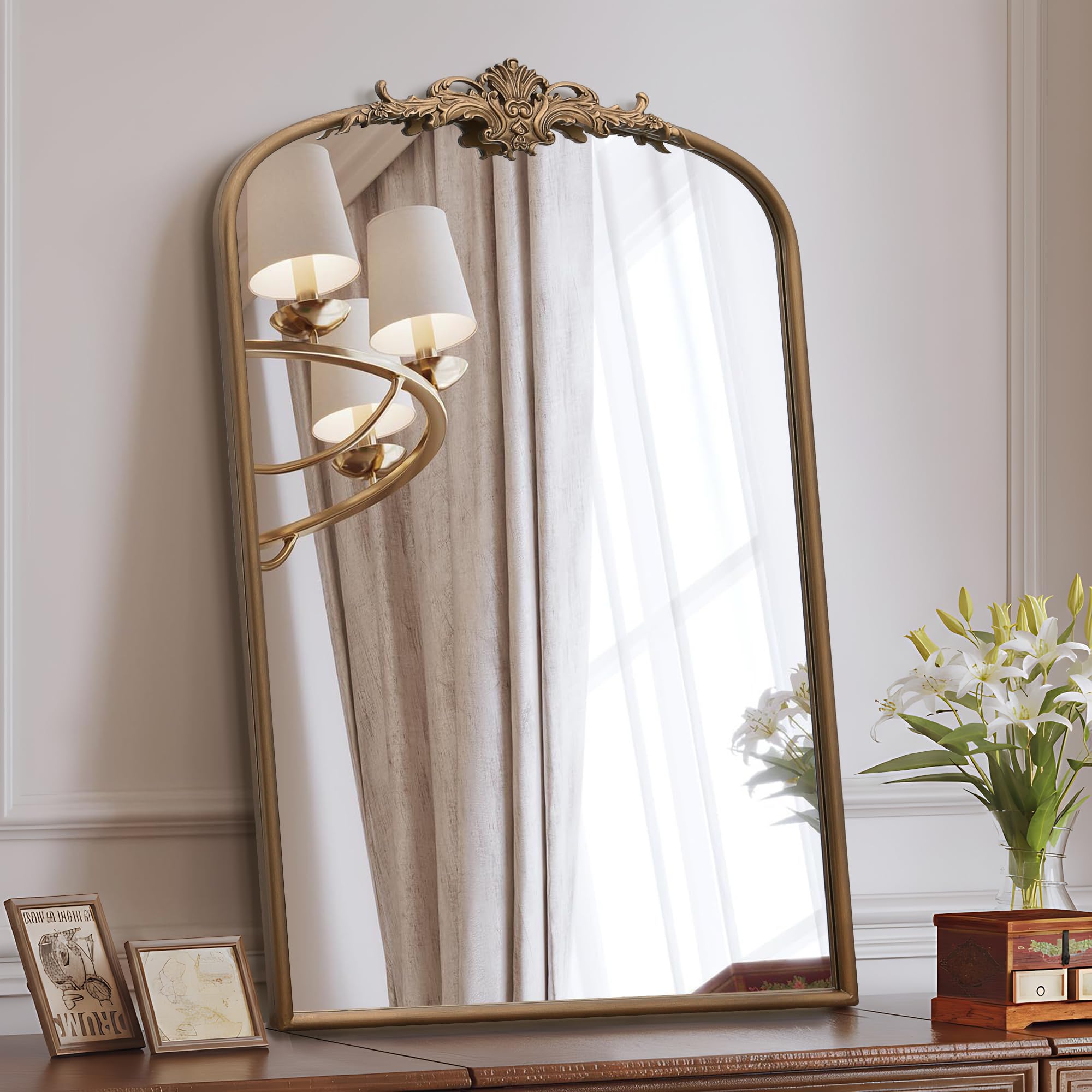 Besdomus Vintage Arched Gold Mirror: 40"x29" French Large Brass Antique Wall Vanity Mirror - Decorative Baroque Traditional Ornate for Entryway/Fireplace/Bathroom/Bedroom - Ideal for Home Renovations