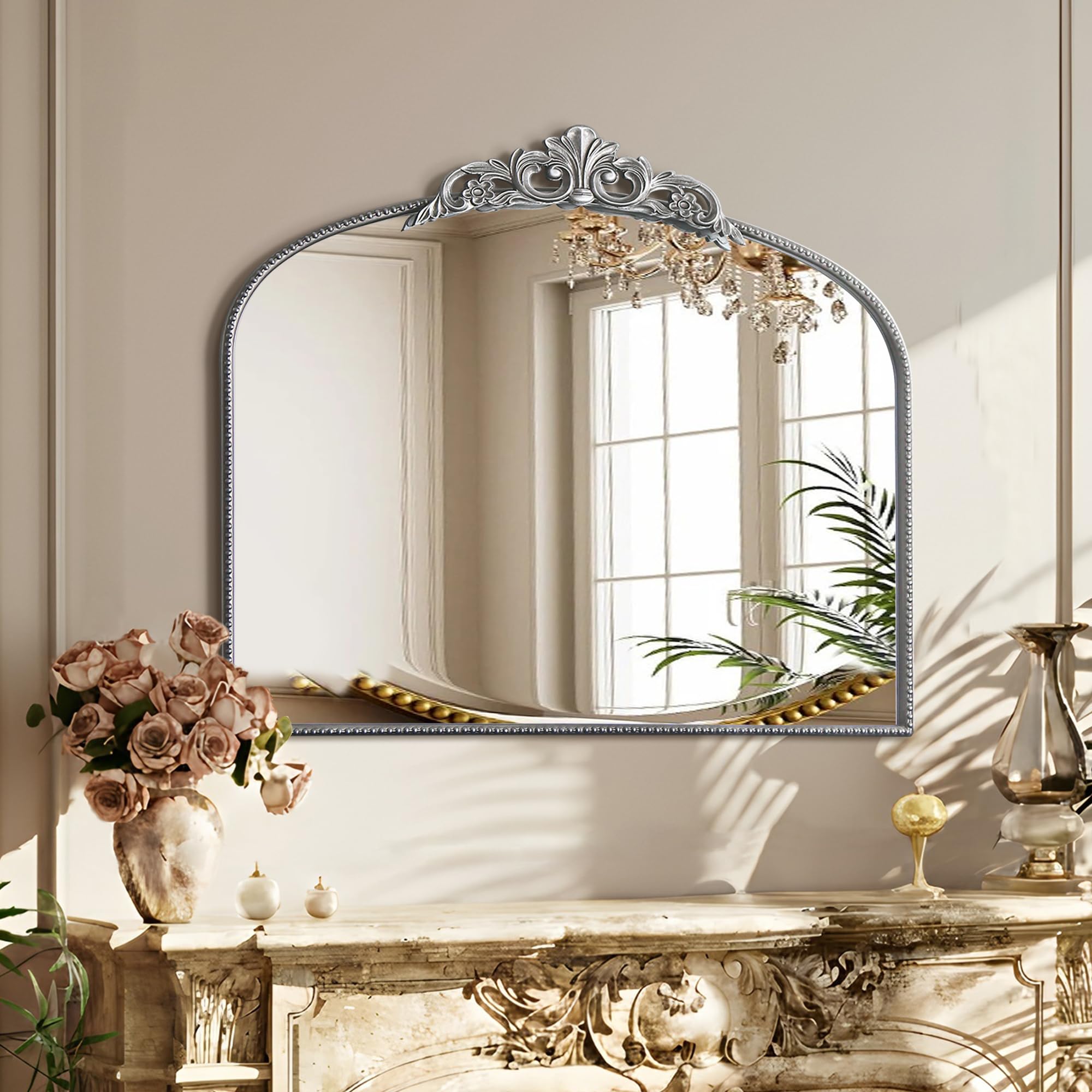 Micasso Vintage Wall Bronze Mirror: 32"x24" French Baroque Antique Mirror - Traditional Ornate Decorative Arched for Wall/Bathroom/Entryway/Fireplace/Hallway - Home Decor for Living Room
