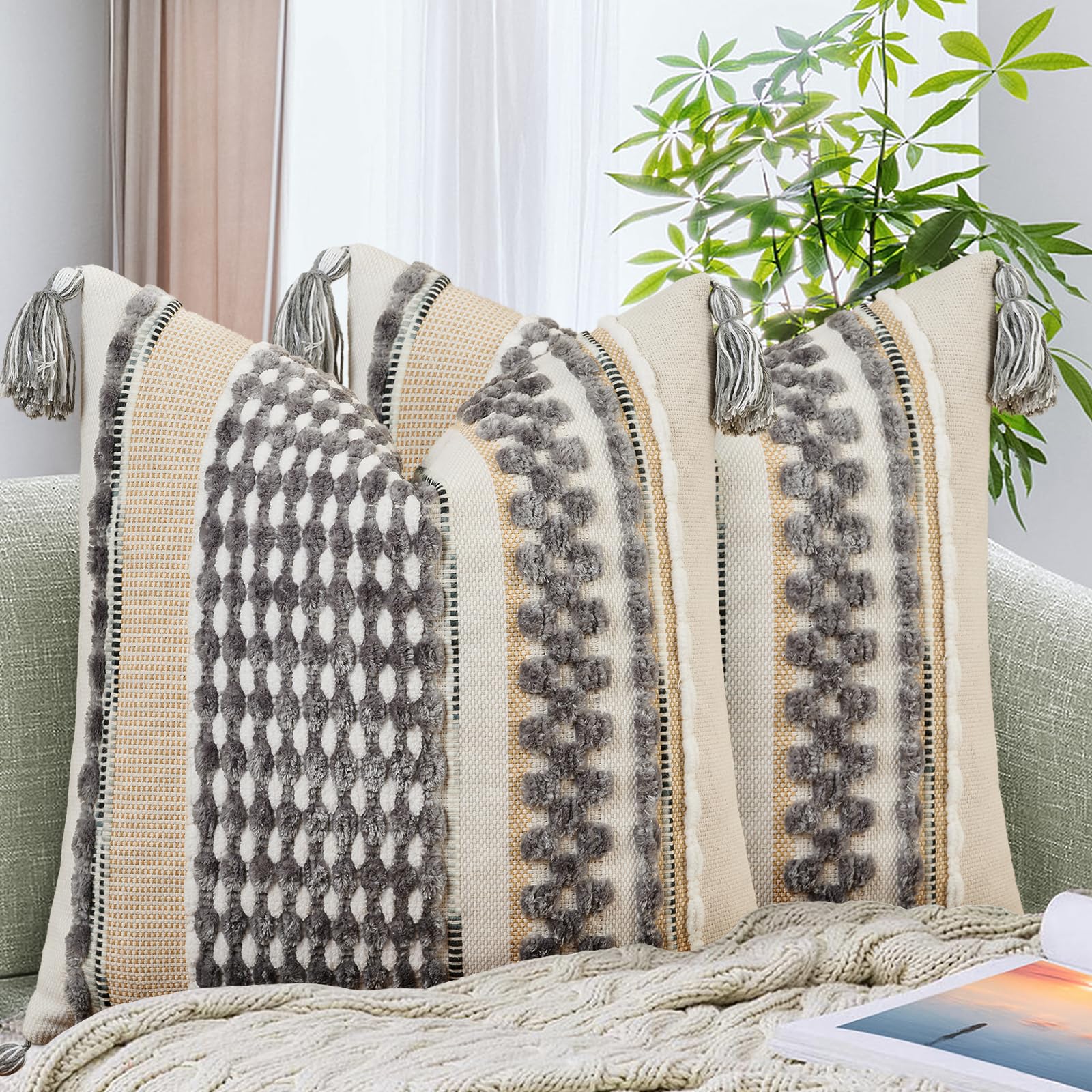 Set of 2 Grey 18×18 Inch Chenille Striped Pillow Covers, Boho Tassel Woven Couch Cushion Cases