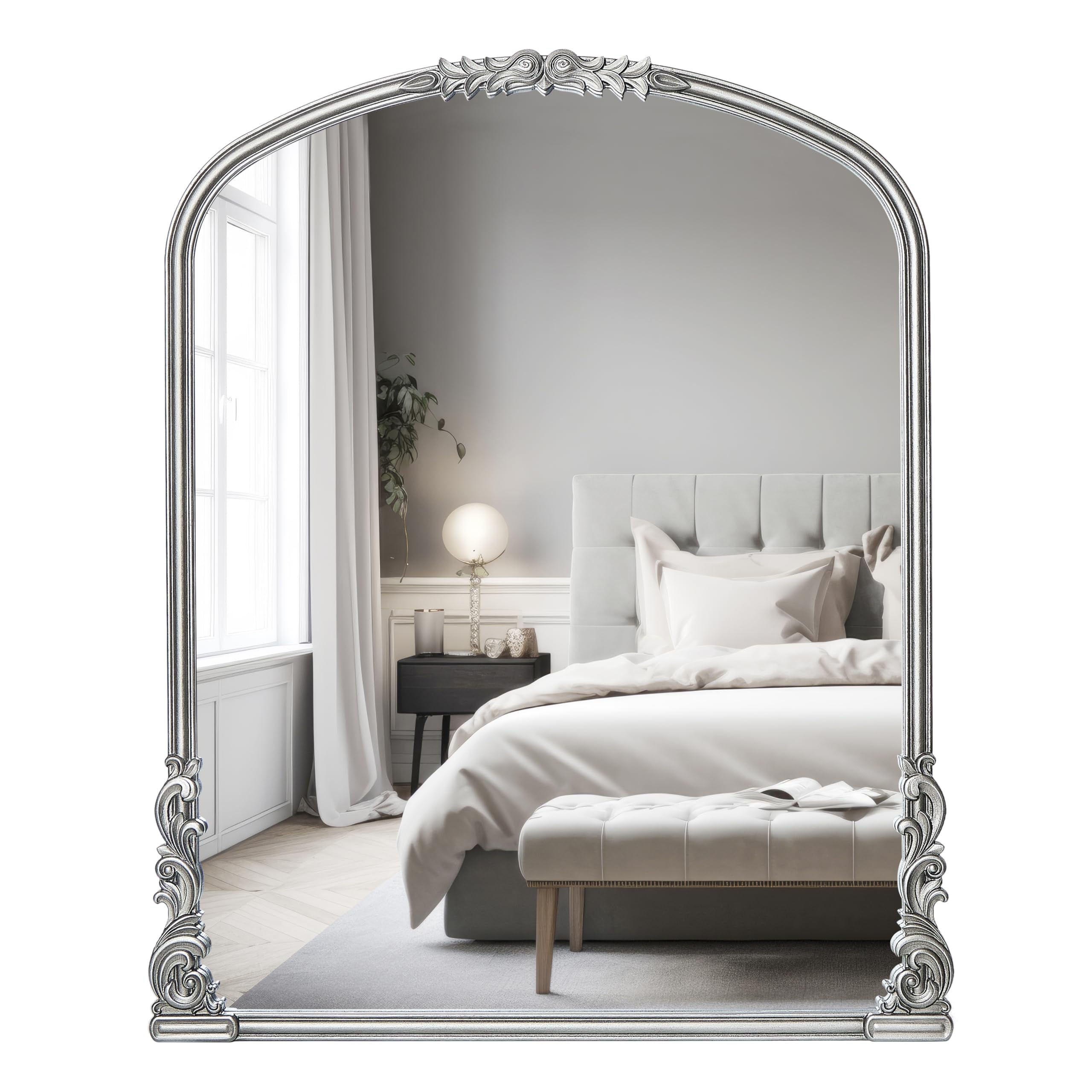 Wylde Iris English Estate Carved Arch Wood Wall Mirror, Mirror for Entryway, Living Room, Bathroom, Antique Black, 22x30