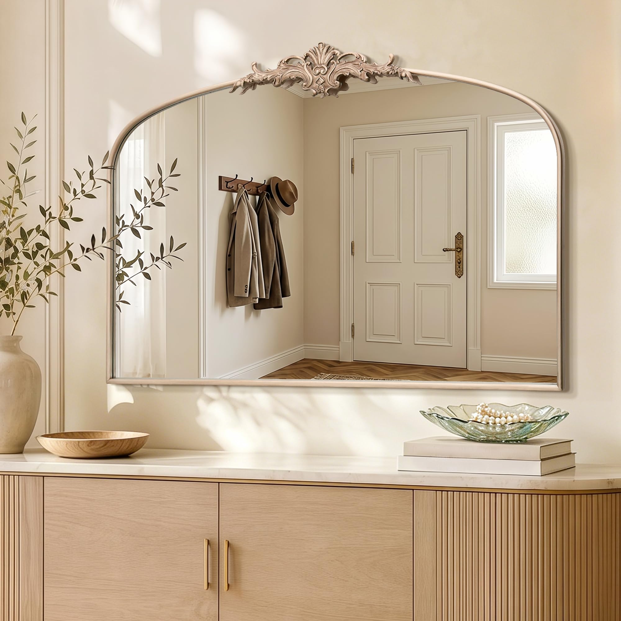 Besdomus Vintage Arched Gold Mirror: 40"x29" French Large Brass Antique Wall Vanity Mirror - Decorative Baroque Traditional Ornate for Entryway/Fireplace/Bathroom/Bedroom - Ideal for Home Renovations