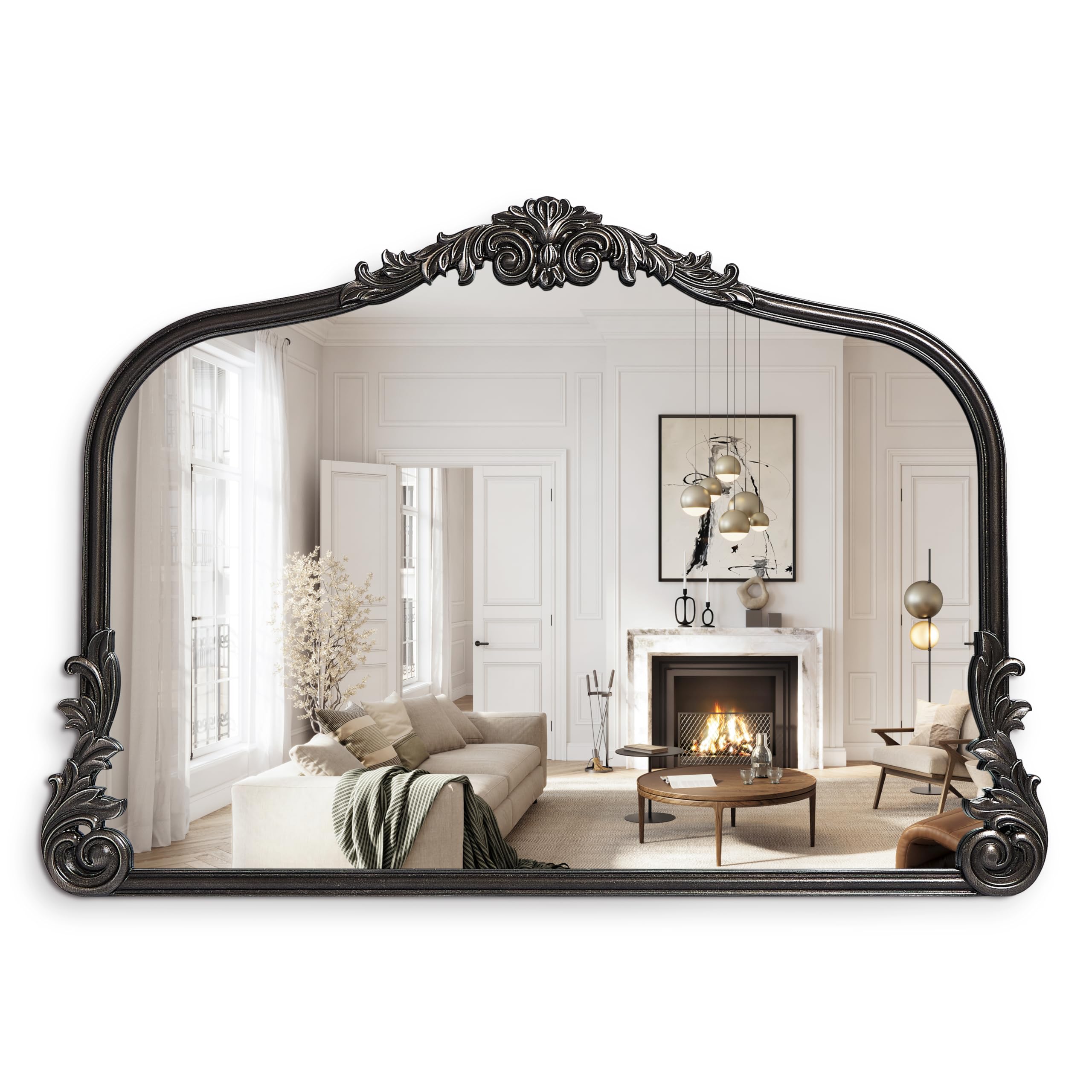 Wylde Iris English Estate Carved Arch Wood Wall Mirror, Mirror for Entryway, Living Room, Bathroom, Antique Black, 22x30