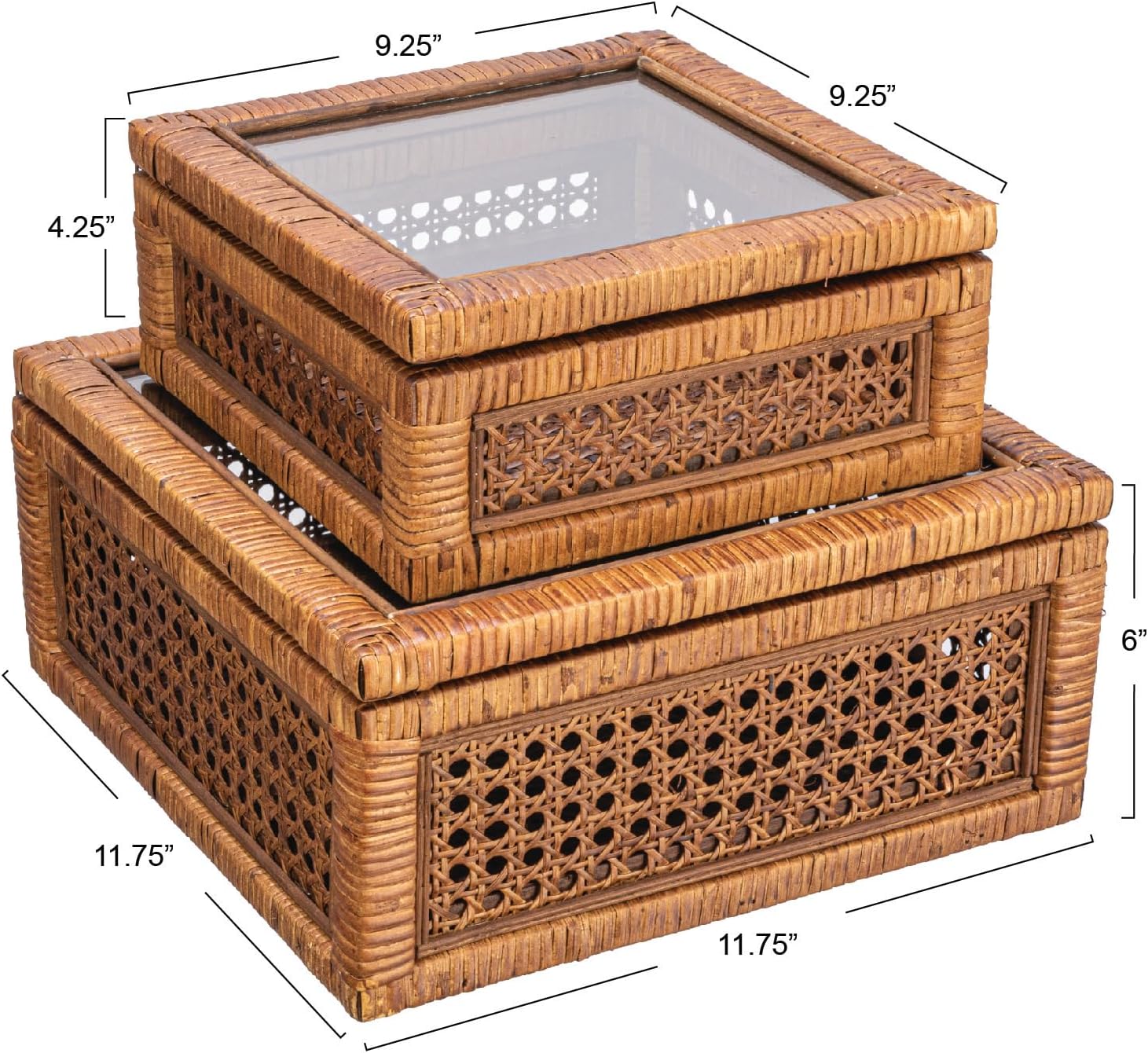Creative Co-Op Modern Decorative Square Woven Rattan and Wood Display Boxes with Glass Top, Set of 2 Sizes, Dark Brown Finish