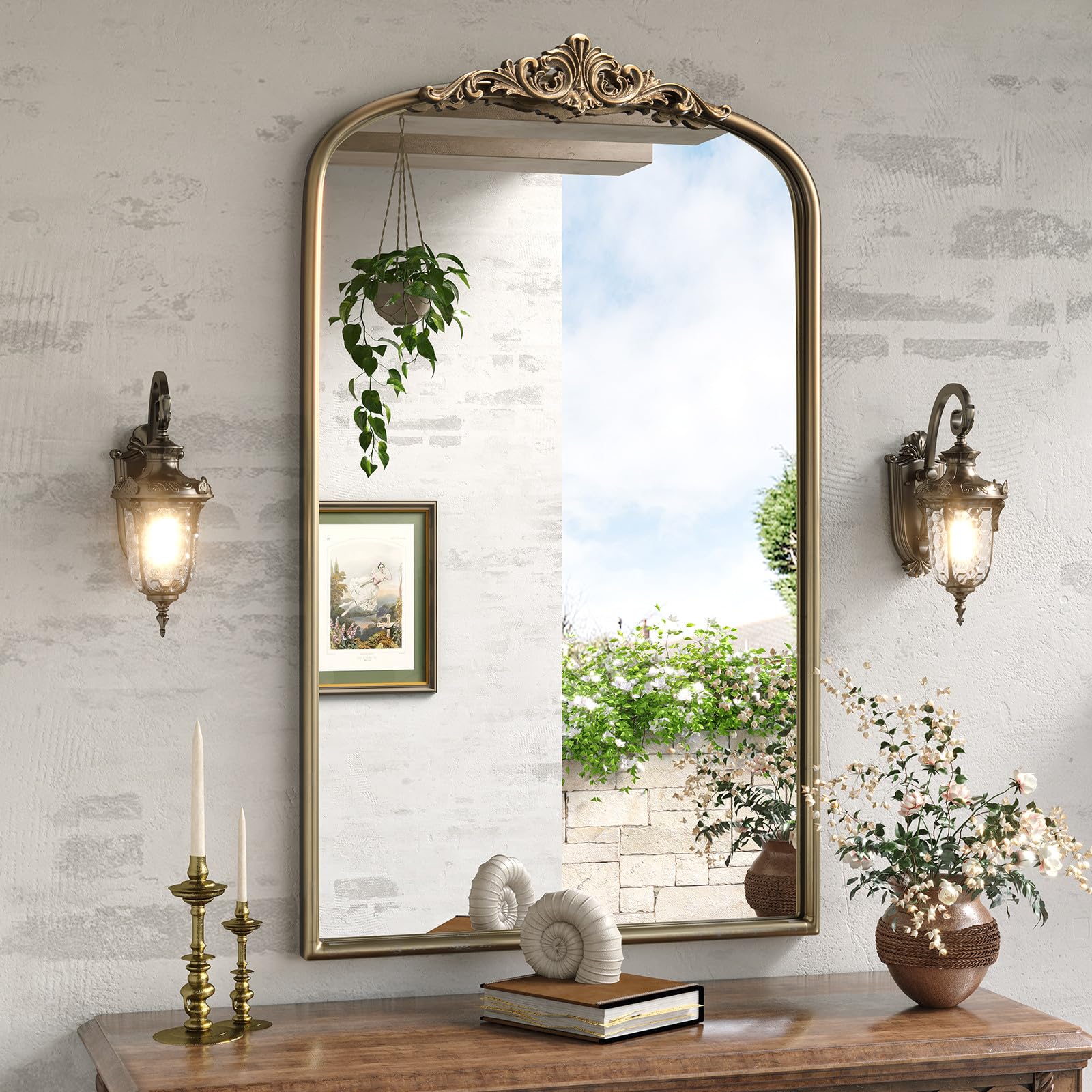 Vintage Baroque Arched Wall Mirror, 30"x40" Antique Gold Bathroom Wall Mirrors, Large Ornate Arch Bronze Mirror for Over Sink, Fireplace, Entryway, Living Room, Hanging or Leaning