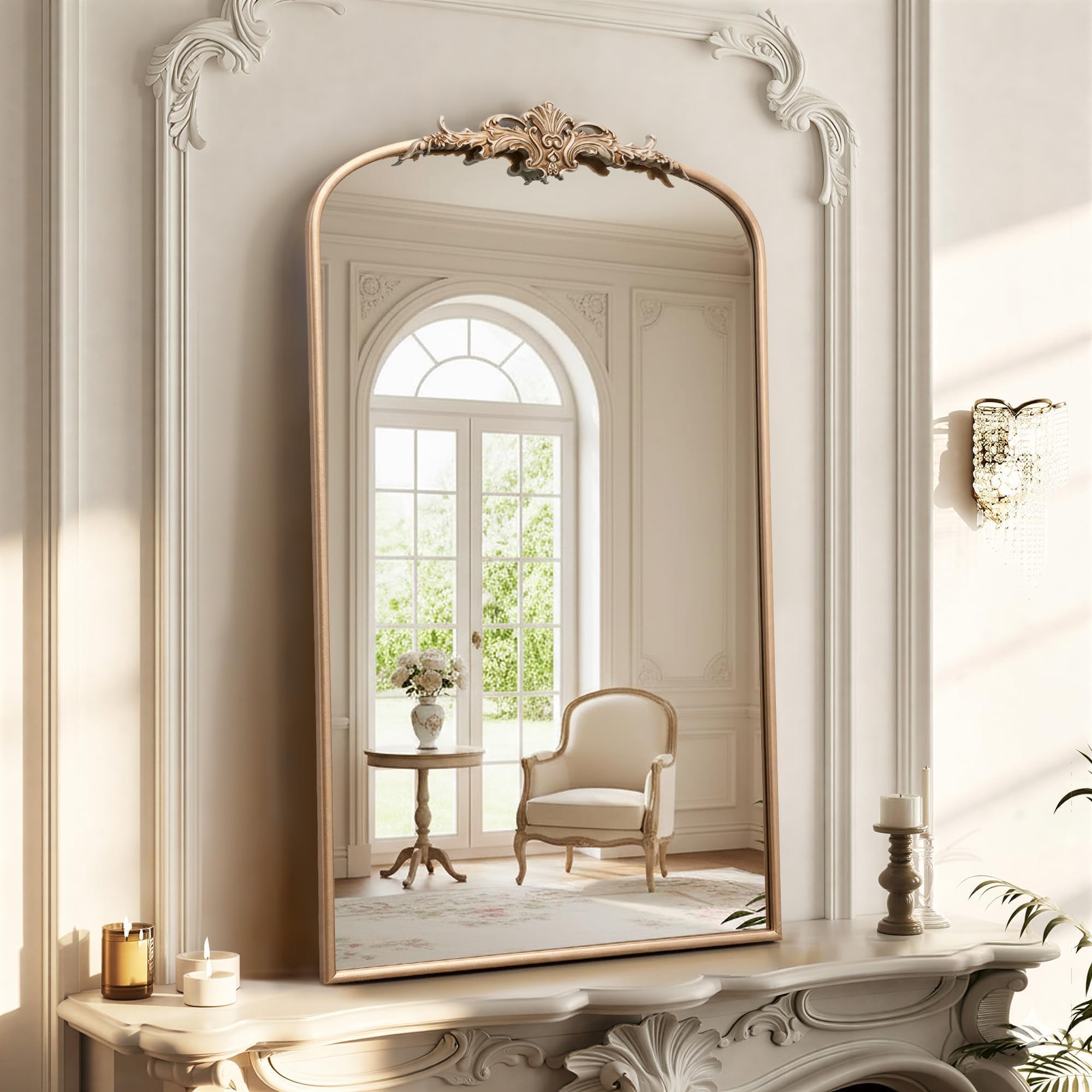 Besdomus Vintage Arched Gold Mirror: 40"x29" French Large Brass Antique Wall Vanity Mirror - Decorative Baroque Traditional Ornate for Entryway/Fireplace/Bathroom/Bedroom - Ideal for Home Renovations