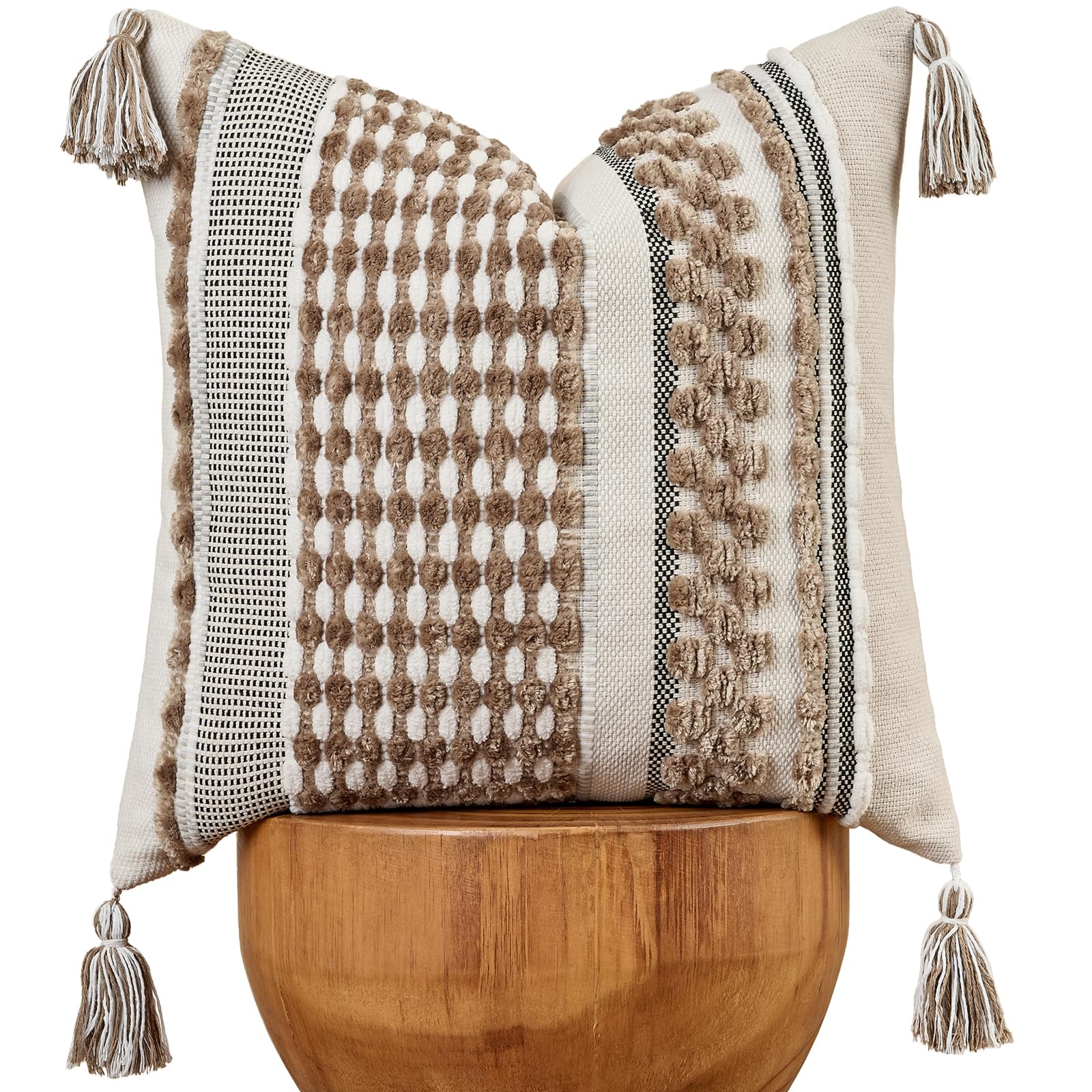 Set of 2 Grey 18×18 Inch Chenille Striped Pillow Covers, Boho Tassel Woven Couch Cushion Cases