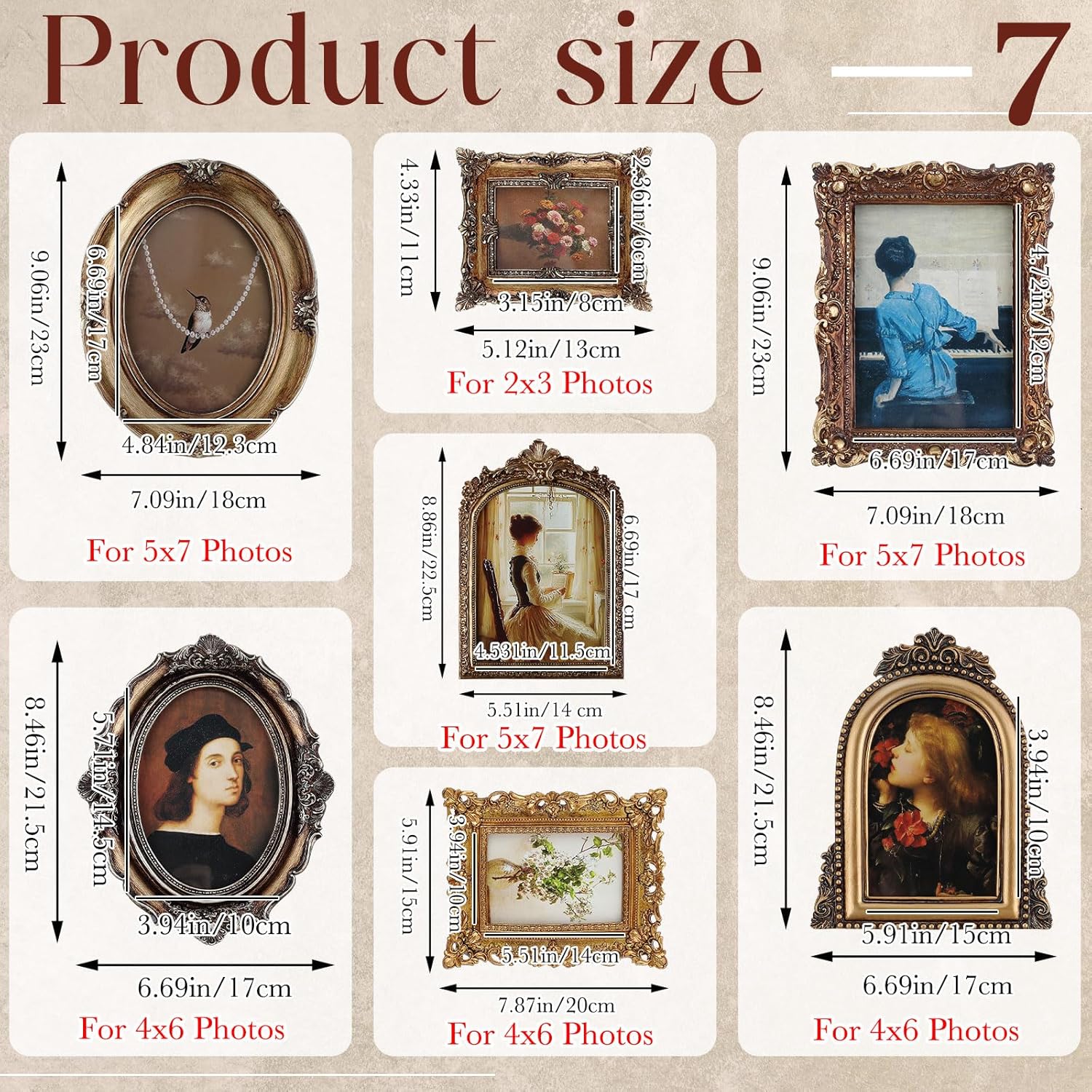 Wonderjune 7 Pcs Vintage Picture Frames Set with Glass Front Antique Gold Gallery Wall Frame for 4x6, 5x7 Baroque for Home Decor Photography Props Gifts, Wall or Tabletop(Rococo)