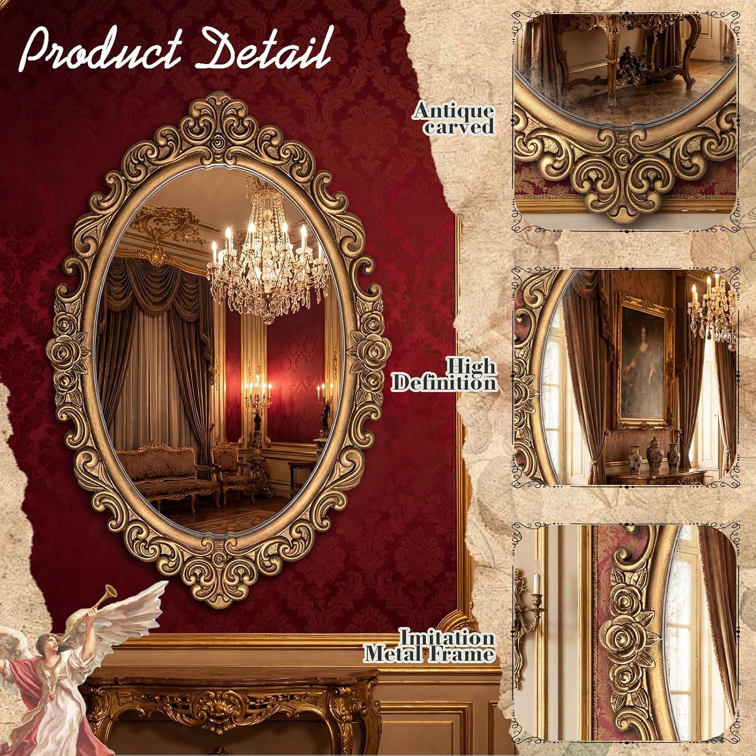Vercraft 24" x 36" Vintage Gold Mirror for Wall, Antique Gold Oval Baroque Mirror with Imitation Resin Frame, Ornate Wall Decor for Entryway, Fireplace, Living Room, Hallway