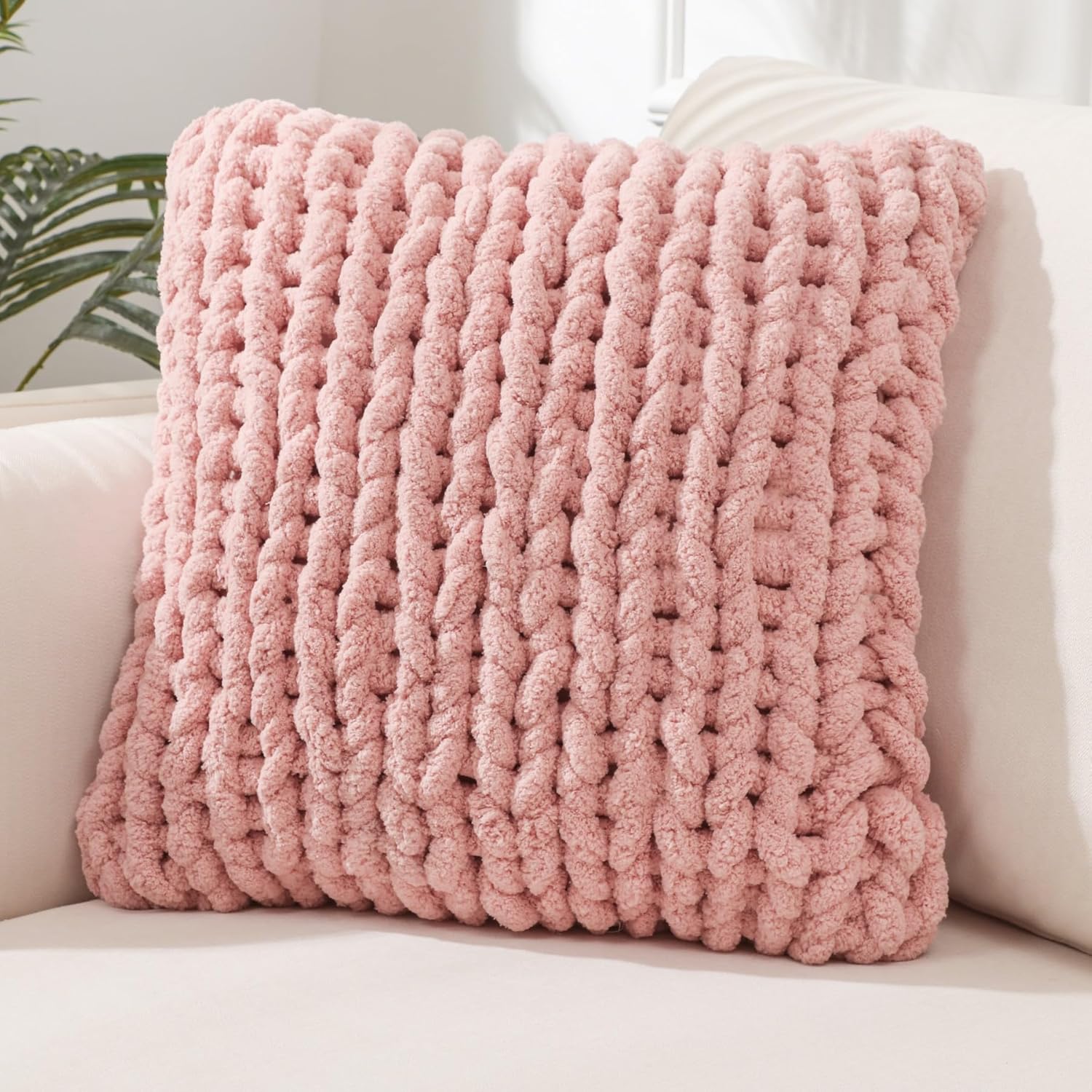 1PC 18×18 Inch Cream Chunky Knit Throw Pillow Cover, Luxury Crochet Sofa Cushion Case
