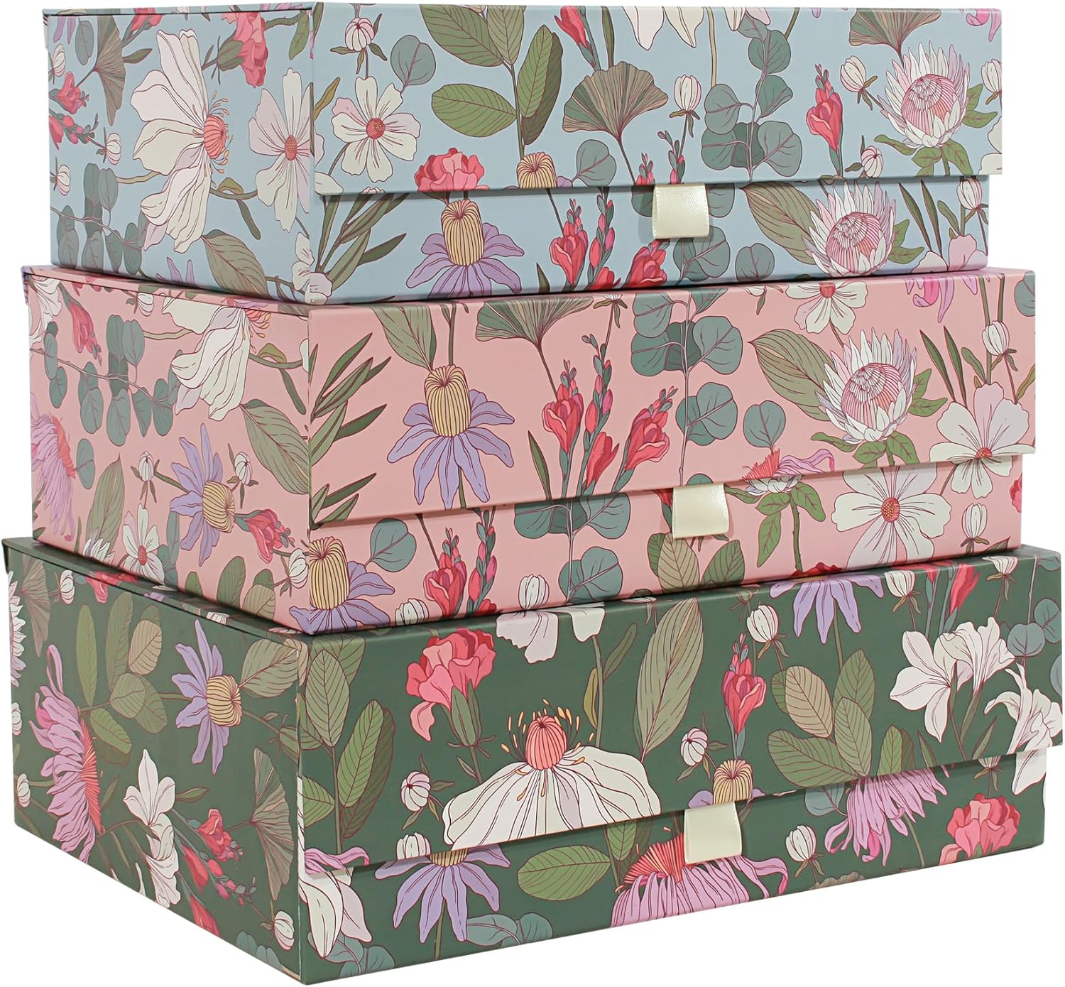 3-Piece Decorative Storage Boxes with Lids, Magnet and Ribbon, Blue, Green, Pink, Floral, Cardboard Paper Keepsake box Set, Photo Storage Box for Memory, Modern Stylish Home Decor