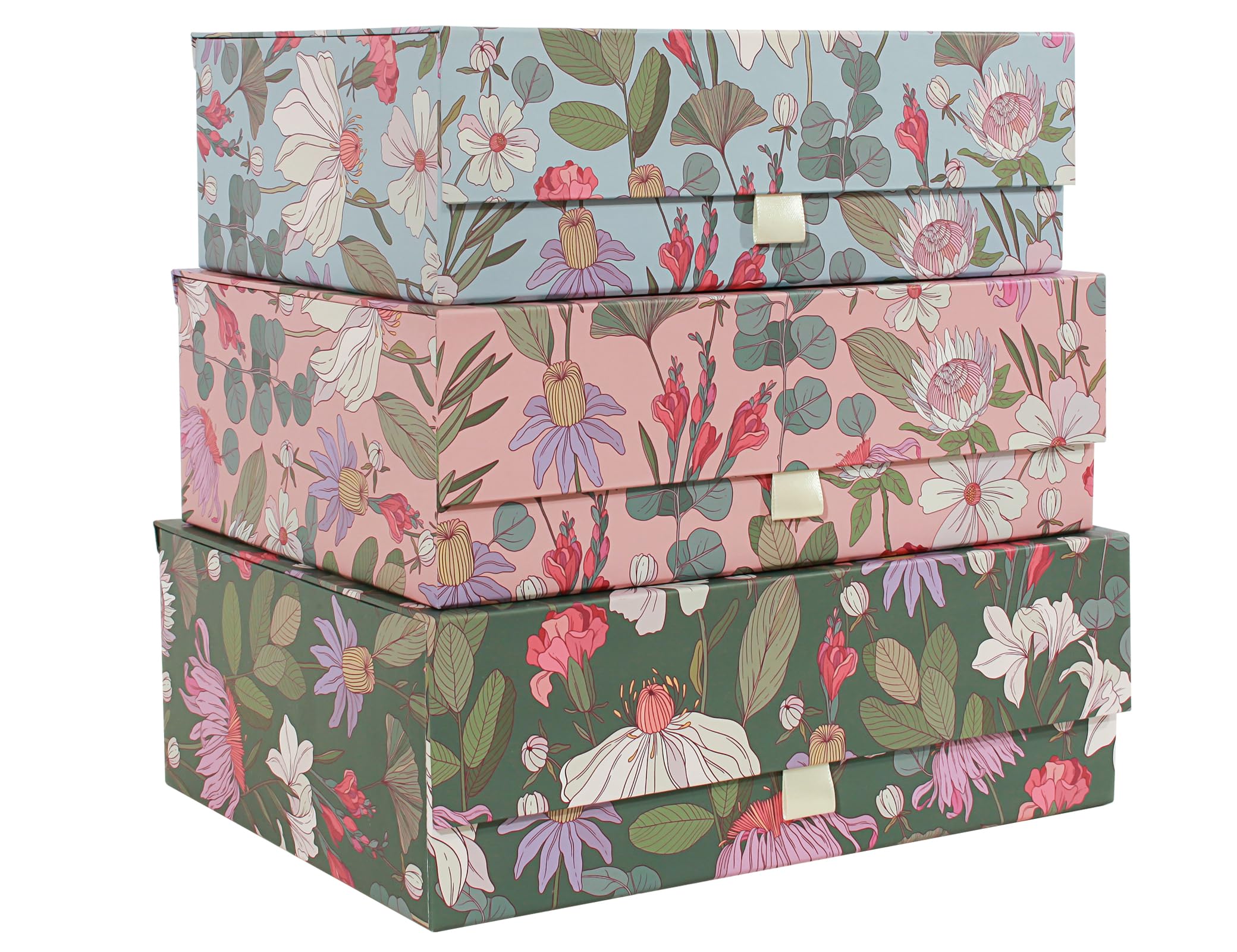 3-Piece Decorative Storage Boxes with Lids, Magnet and Ribbon, Blue, Green, Pink, Floral, Cardboard Paper Keepsake box Set, Photo Storage Box for Memory, Modern Stylish Home Decor