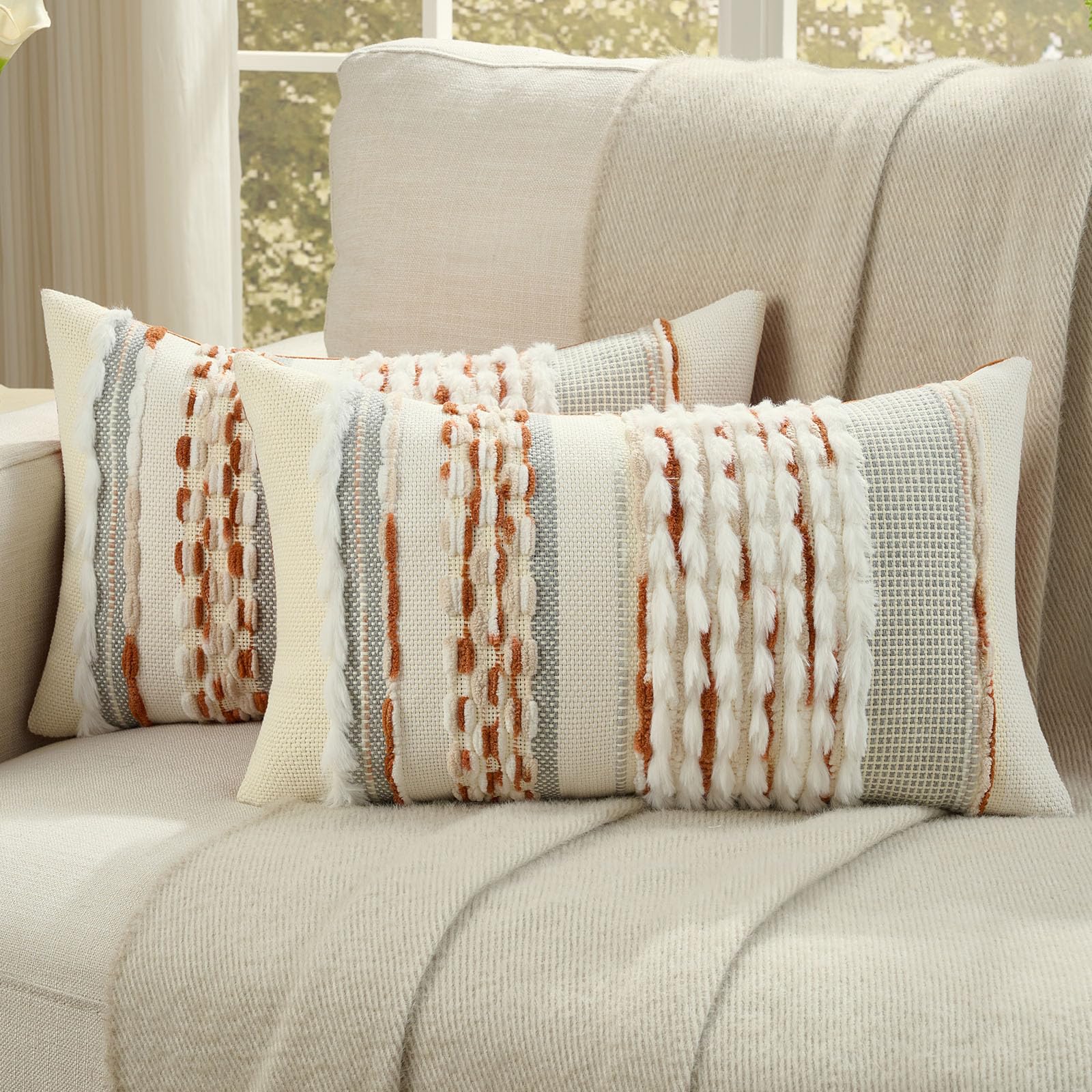 FUTEI Pack of 2 Boho Chenille Decorative Throw Pillow Covers 18x18 Inch Soft Plush Tufted Striped Textured Cushion Case,Farmhouse Accent for Couch Bed Living Room, Grey
