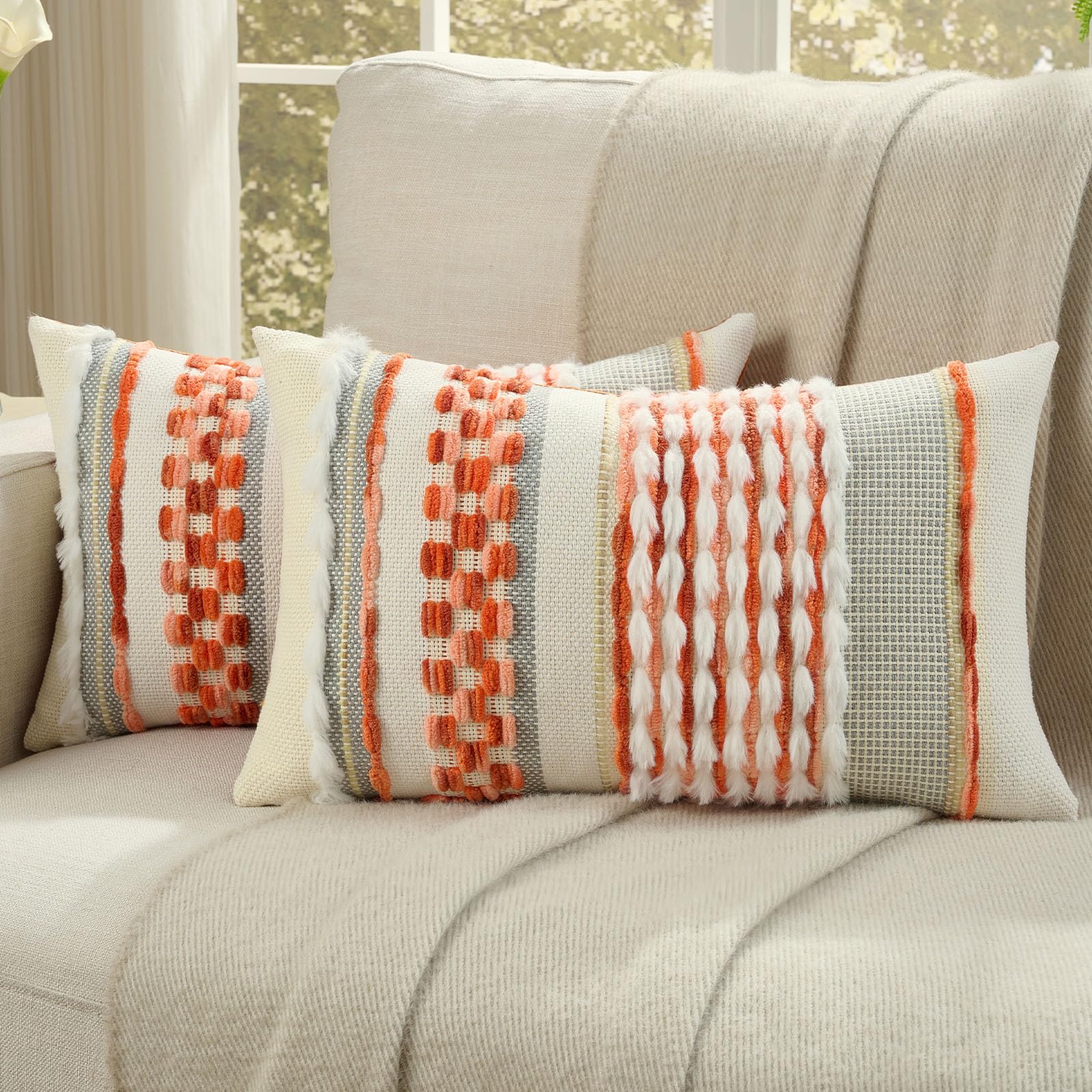 FUTEI Pack of 2 Boho Chenille Decorative Throw Pillow Covers 18x18 Inch Soft Plush Tufted Striped Textured Cushion Case,Farmhouse Accent for Couch Bed Living Room, Grey
