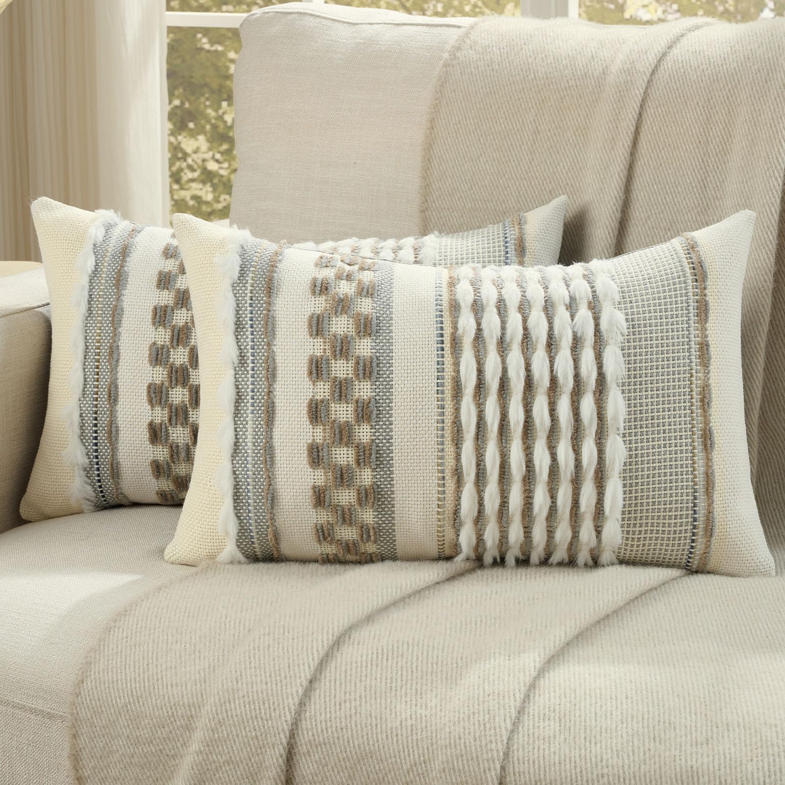 FUTEI Pack of 2 Boho Chenille Decorative Throw Pillow Covers 18x18 Inch Soft Plush Tufted Striped Textured Cushion Case,Farmhouse Accent for Couch Bed Living Room, Grey