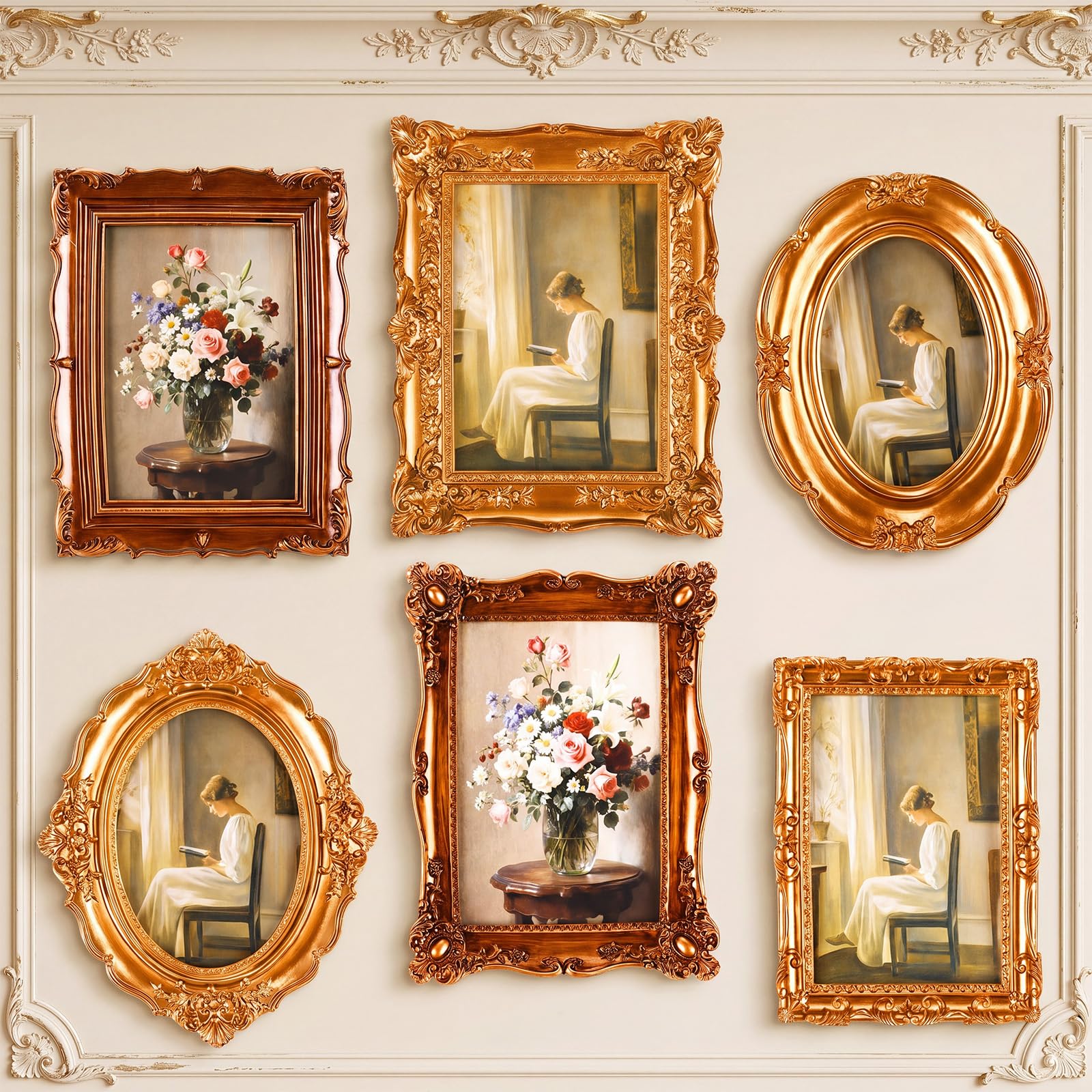 Lineshading 6 Pcs Vintage Picture Frames for Wall or Tabletop Antique Picture Frame 5"x7" 4"x6" Ornate French Country Frame Baroque Victorian Photo Frames for Gallery Home Farmhouse Decor (Gold)