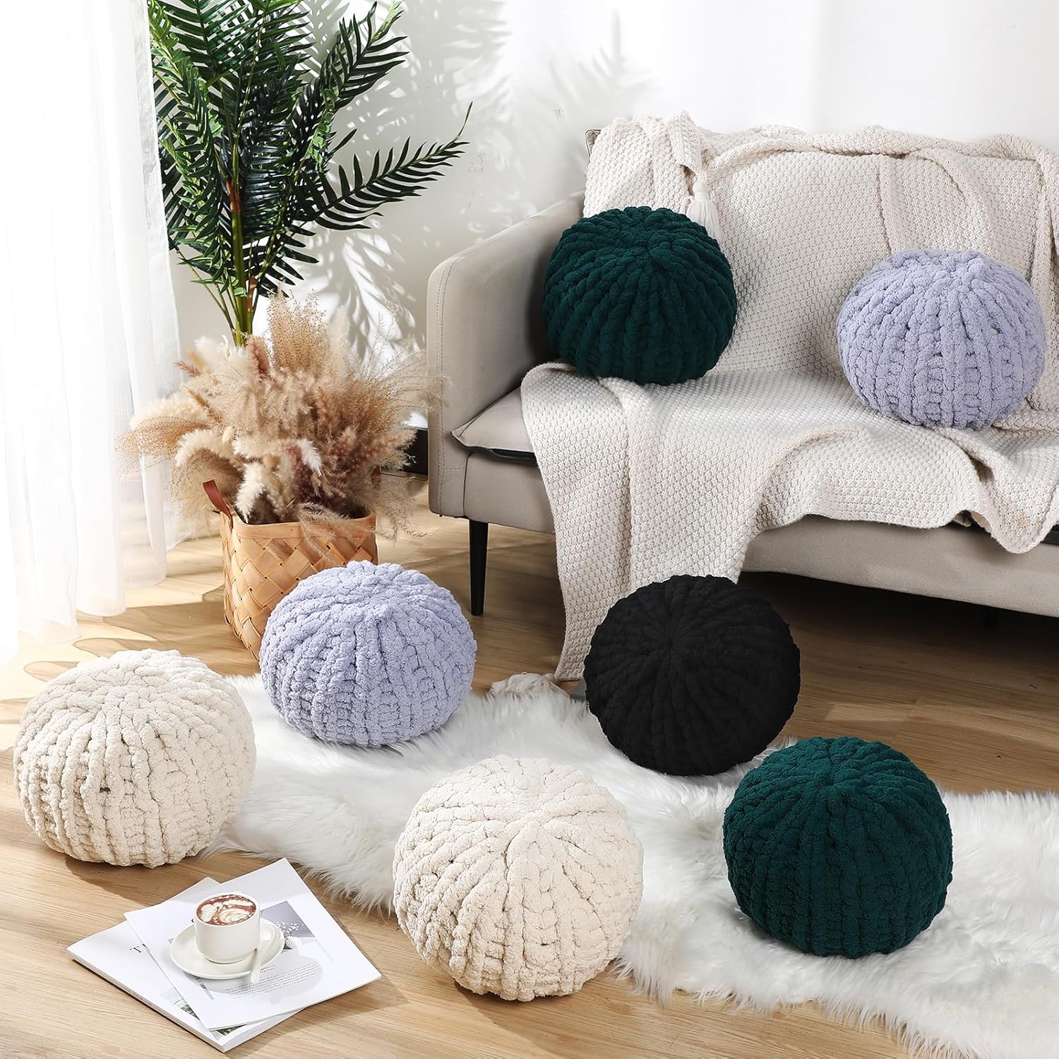 Suzile 2 Pcs Round Knot Pillows Gifts 13.8 Inch Chunky Knitted Throw Pillows Handmade Cushions Soft Circle Supplies for Home Bed Sofa Couch Housewarming Decoration(Beige)