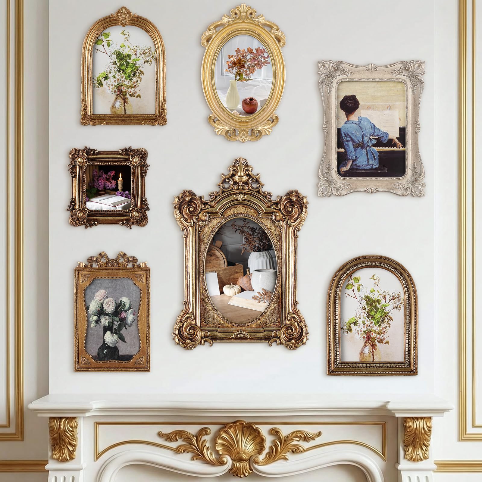 Wonderjune 7 Pcs Vintage Picture Frames Set with Glass Front Antique Gold Gallery Wall Frame for 4x6, 5x7 Baroque for Home Decor Photography Props Gifts, Wall or Tabletop(Rococo)