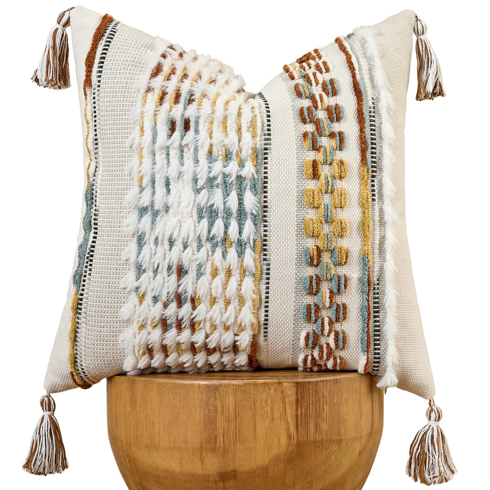 AmHoo Chenille Striped Textured Boho Throw Pillow Covers Aesthetic with Tassels Woven Decorative Pillow Case for Couch Bed Sofa Bedroom Modern Funky 18 x 18-Inch Brown