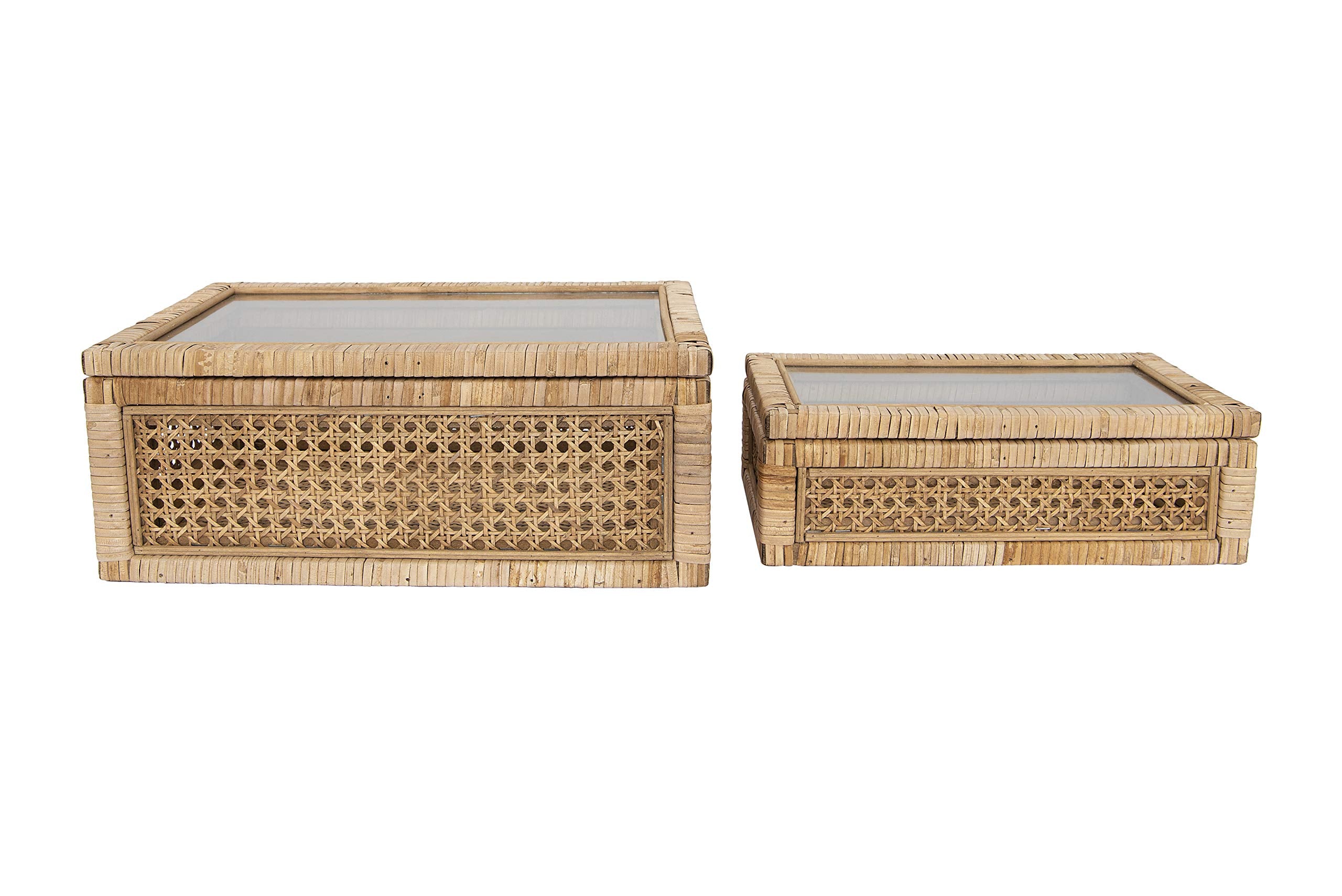 Creative Co-Op Modern Decorative Square Woven Rattan and Wood Display Boxes with Glass Top, Set of 2 Sizes, Dark Brown Finish